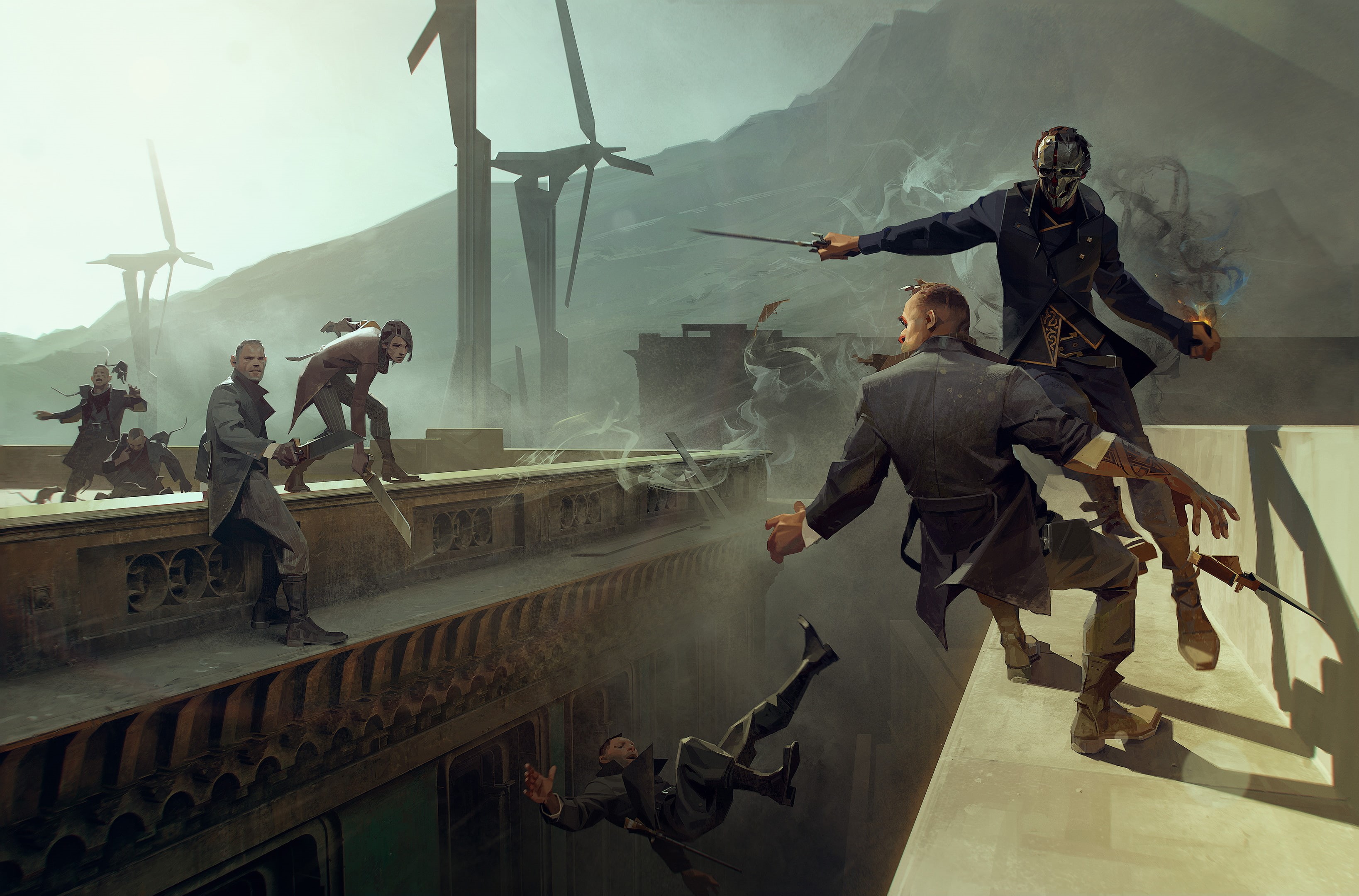 Mask, Enemies, Corvo, Dishonored 2, Battle, Chase, Weapons, Art, Bethesda, Fight, Arkane Studios, Bethesda Softworks, 2K, HD Wallpaper