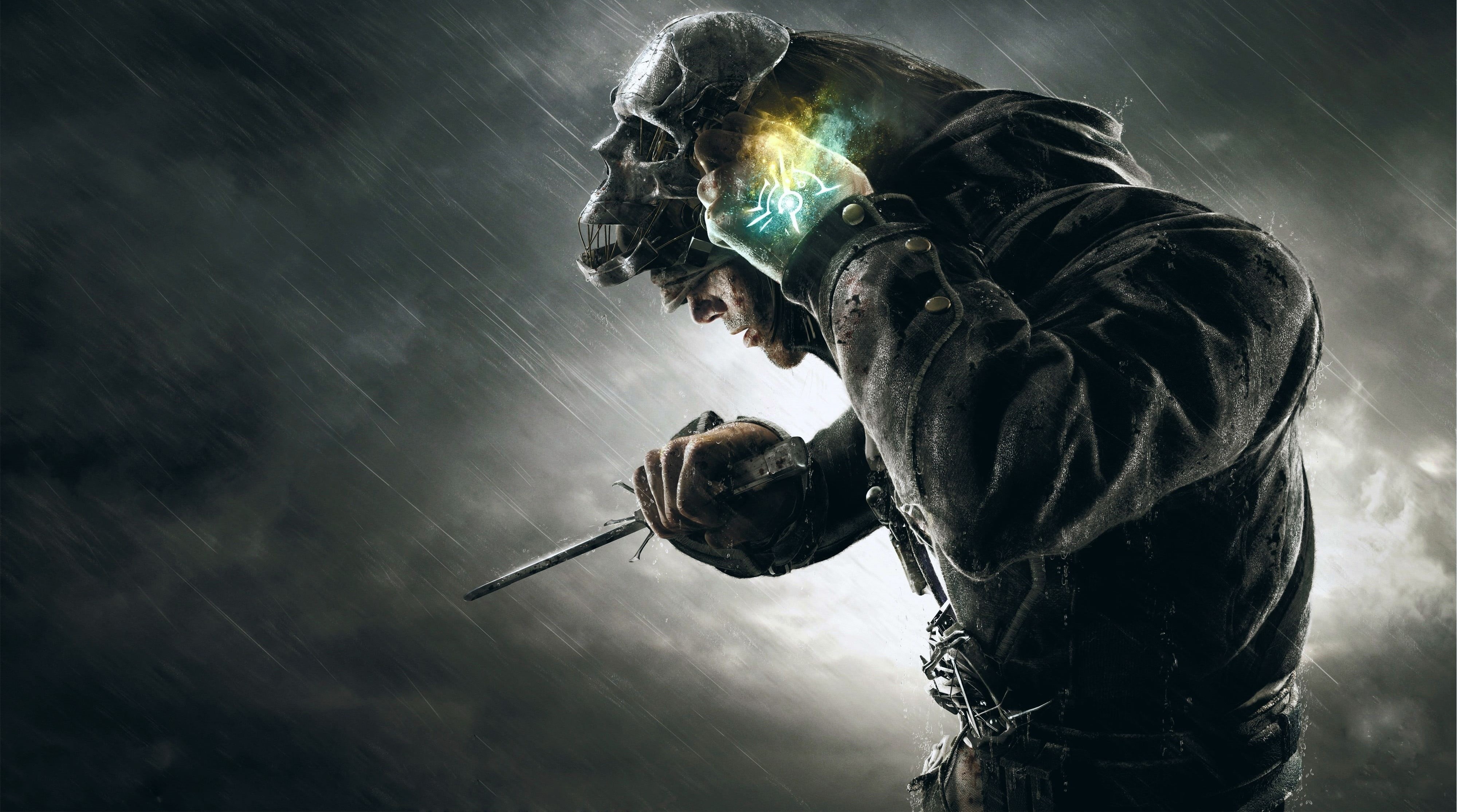 sculpture, aggression, skull, Dishonored, art and craft, wearing, human representation, waist up, cap, dagger, man, statue, holding, cloud - sky, low angle view, HD Wallpaper