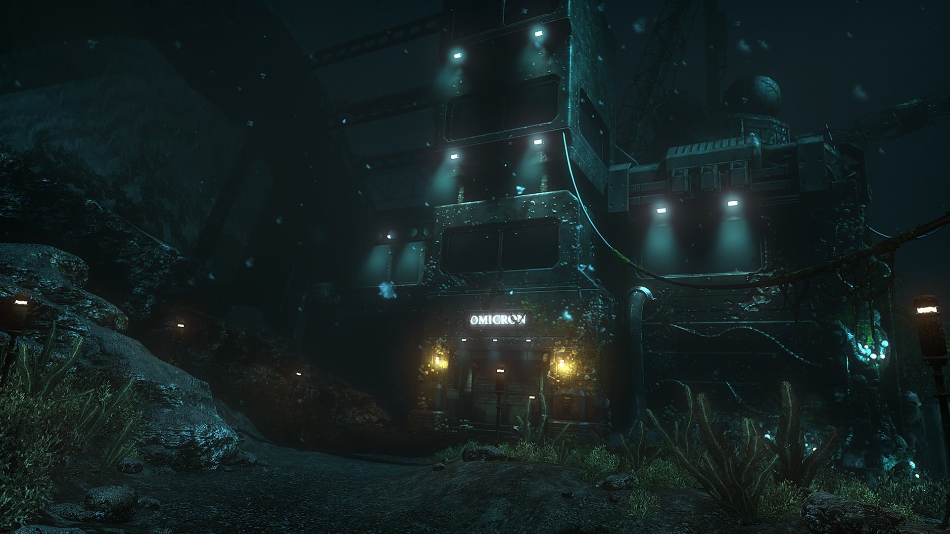 interior, glowing, lighting equipment, architecture, gray, land, underwater, nature, illuminated, video games, black, plant, connection, futuristic, tree, HD Wallpaper