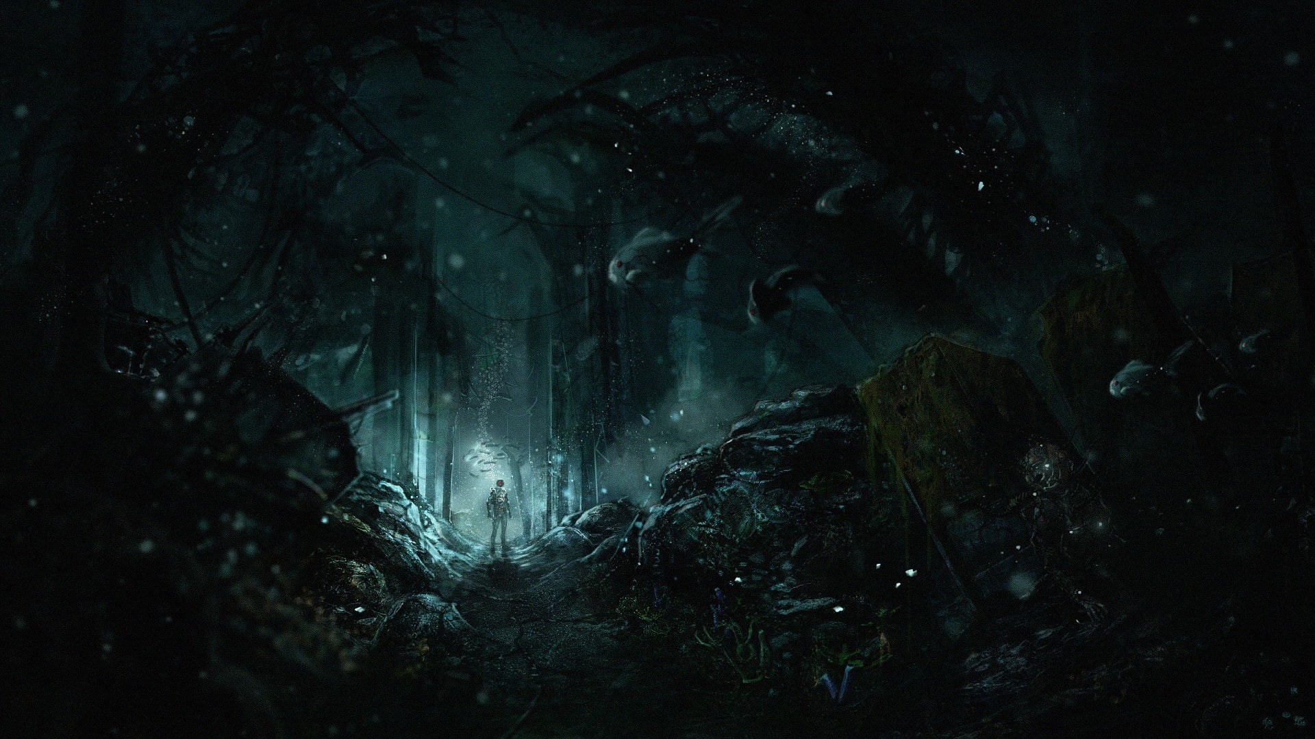 soma frictional games underwater horror video games, 1080P, forest, moonlight, night, land, solid, tranquility, horror, fantasy, spooky, mystery, rock, HD Wallpaper