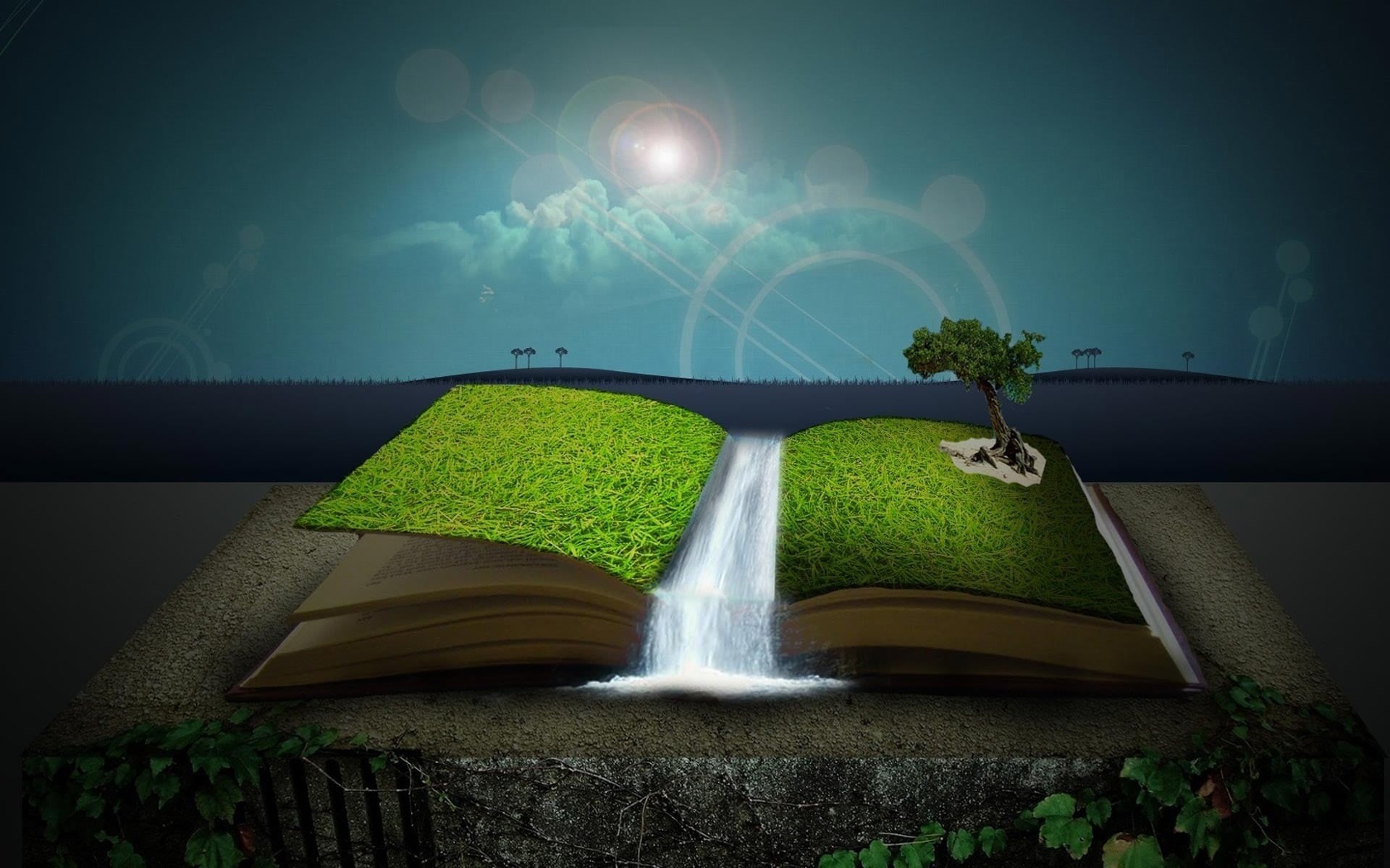 green, no people, tranquility, colorful, book, water, sky, trees, grass, brown, beauty in nature, tree, green color, plant, lens flare, long exposure, growth, HD Wallpaper
