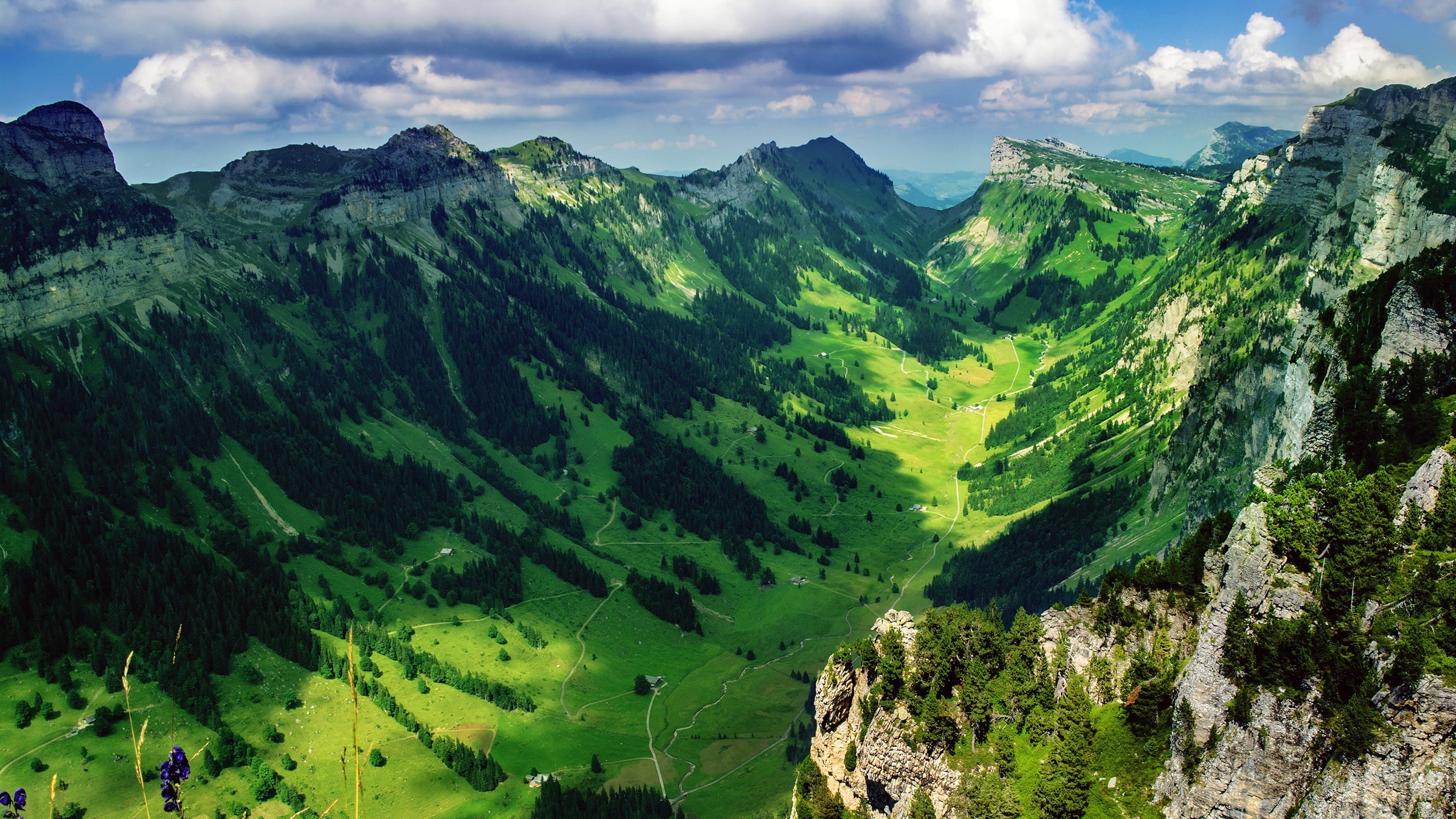 green, valley, nature, landscape, panorama, mountains, 2K, mountain, gray, HD Wallpaper