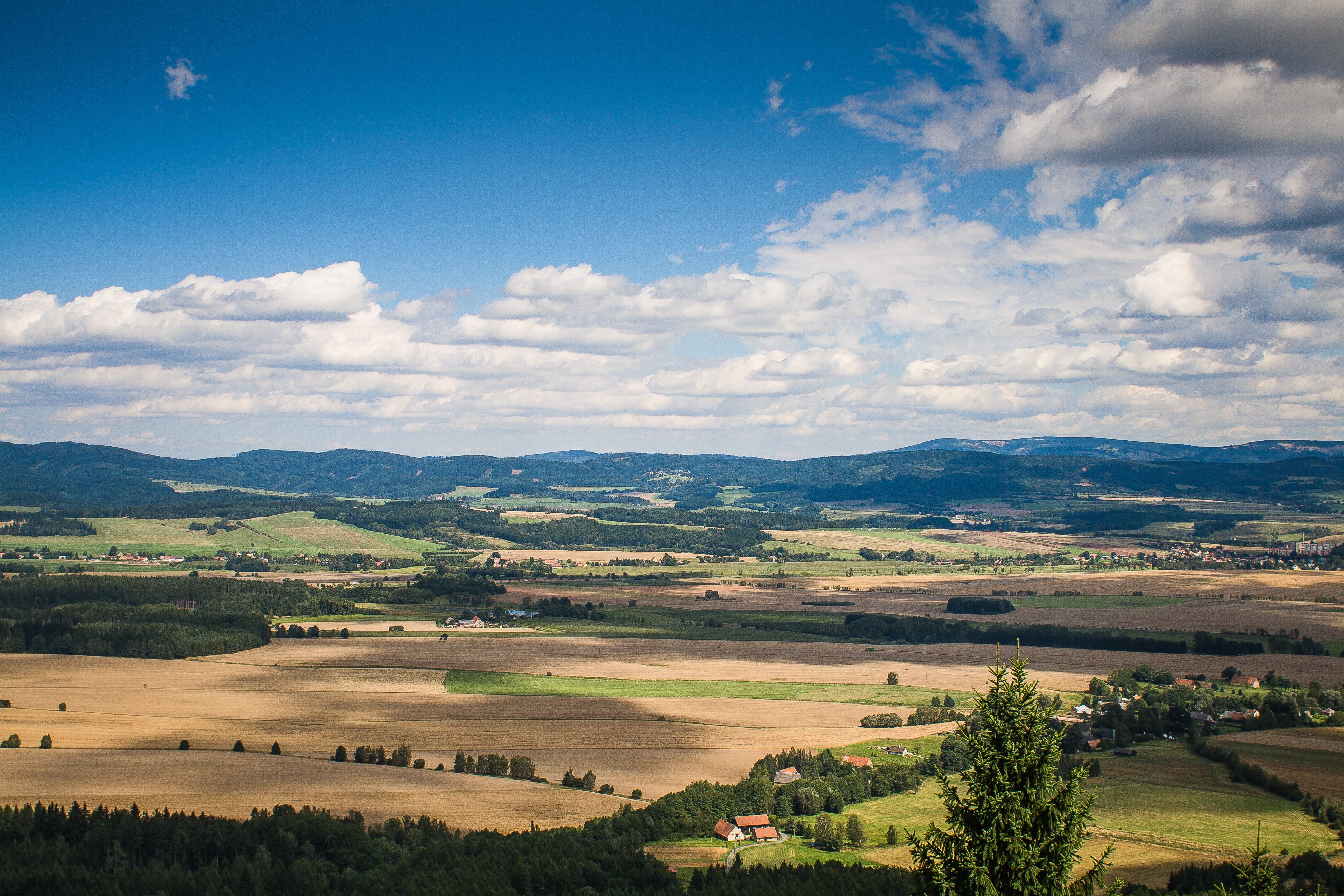 beauty In Nature, meadow, hill, landscape, tranquil scene, land, czech republic, cloud - Sky, rural Scene, typical, Czech, nature, sunny, hills, agriculture, HD Wallpaper