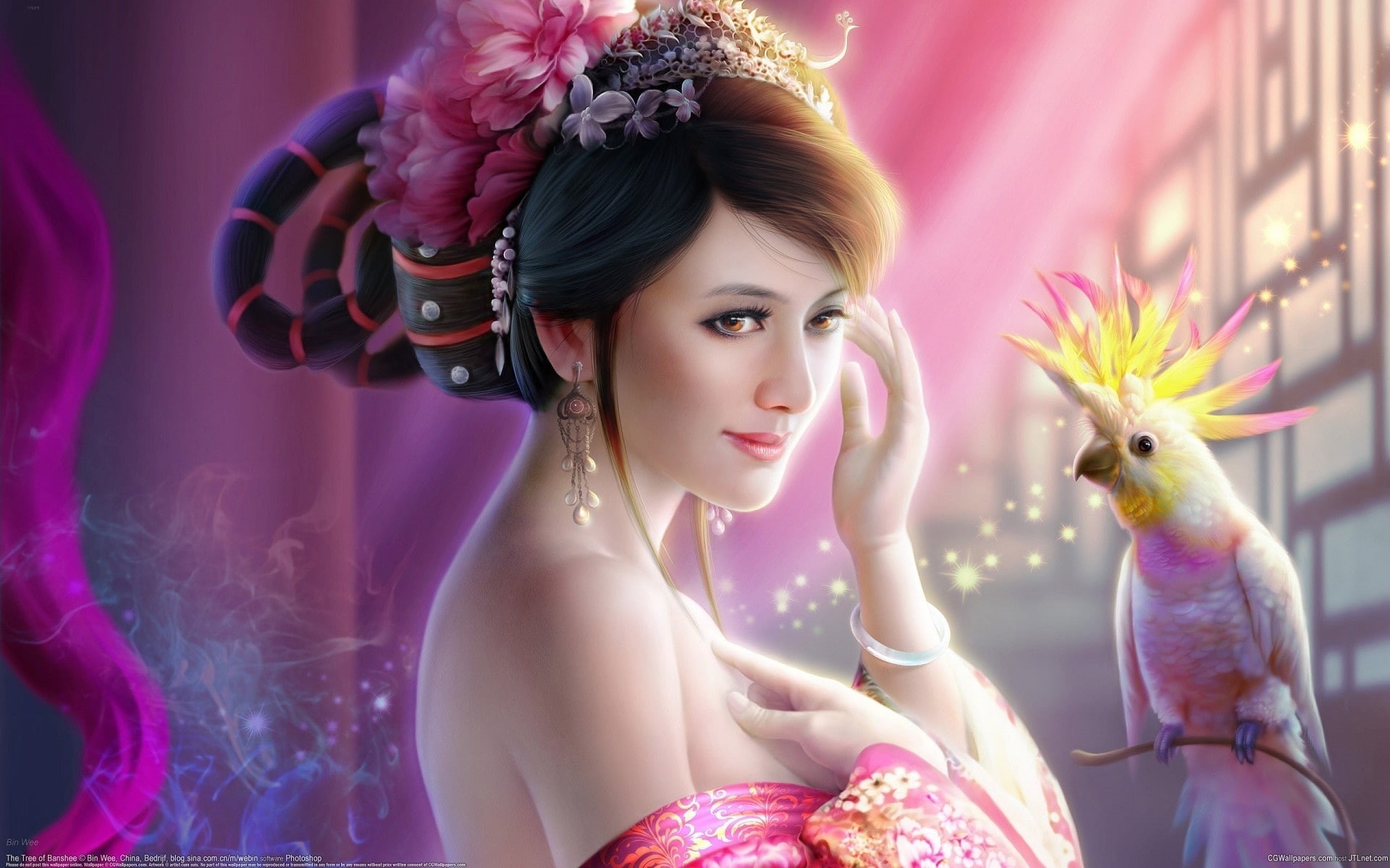 Bird, character, haired, 1080P, anime, Girl, black, Fantasy, female, Parrot, Art, HD Wallpaper