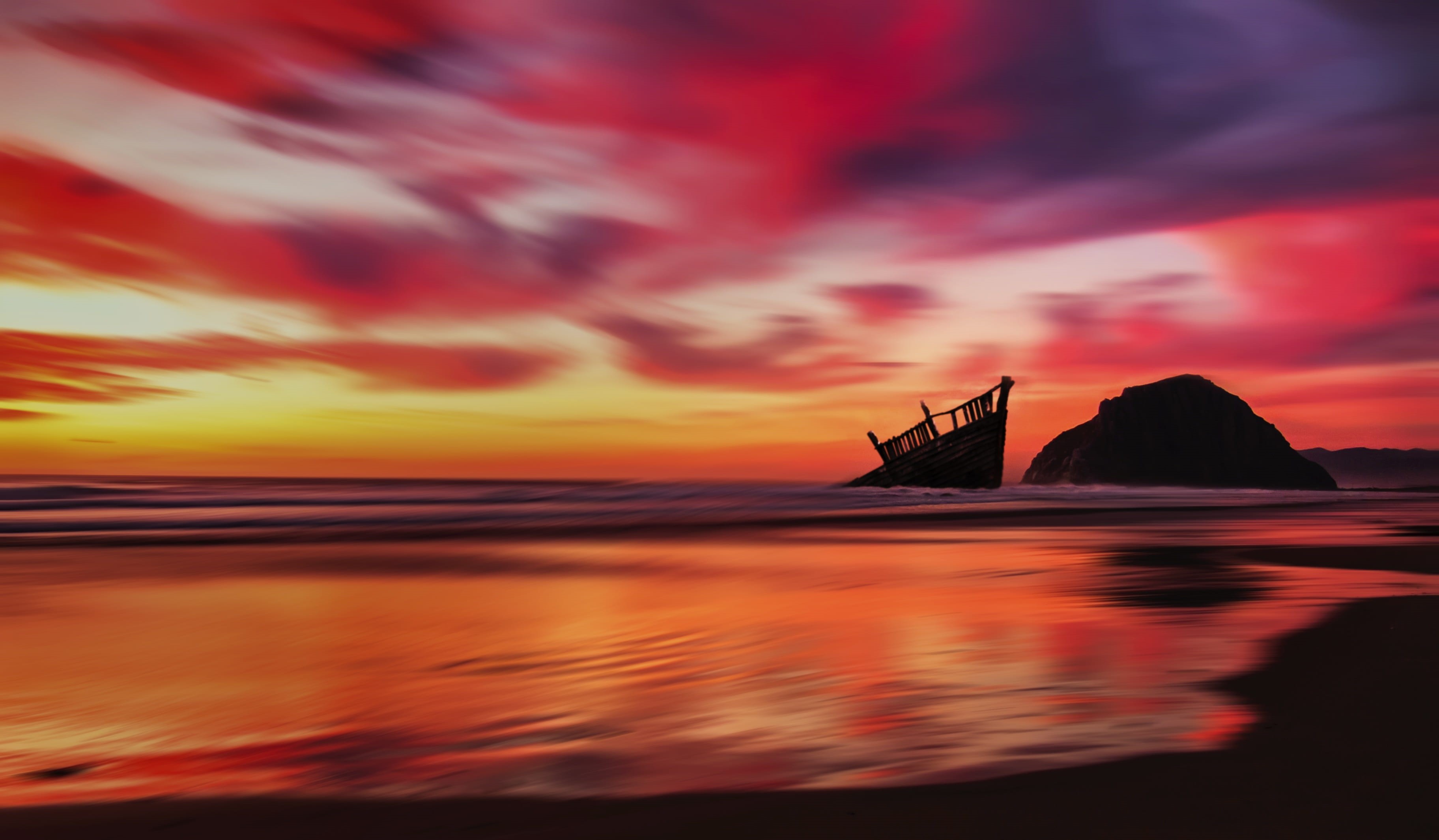 beauty in nature, transportation, beach, seascape, sky, ship wreck, ship, colorful sunset, sun, 2K, sea, no people, landscape, dawn, sailboat, sailing, HD Wallpaper