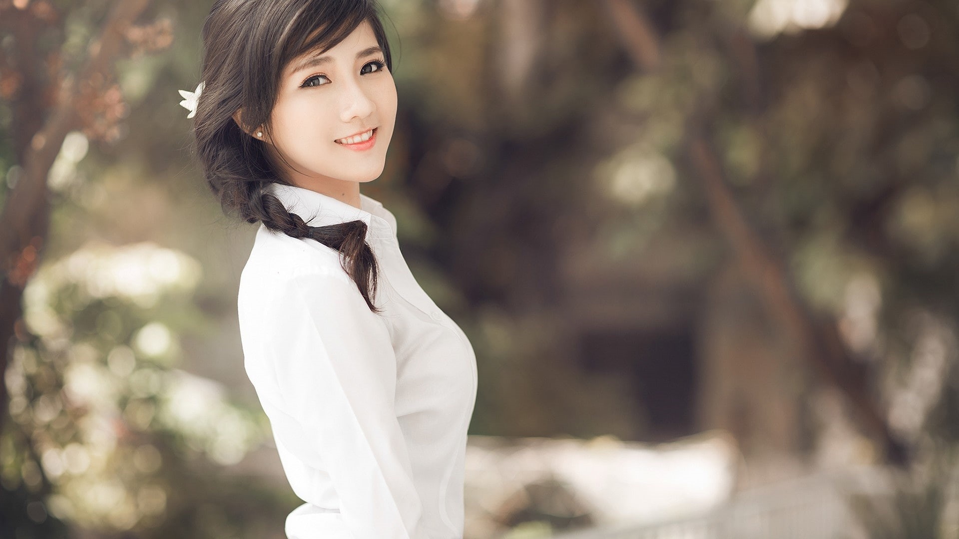 Girl, Brunettes, White, 1080P, Clothes, Ponytails, Asian, HD Wallpaper