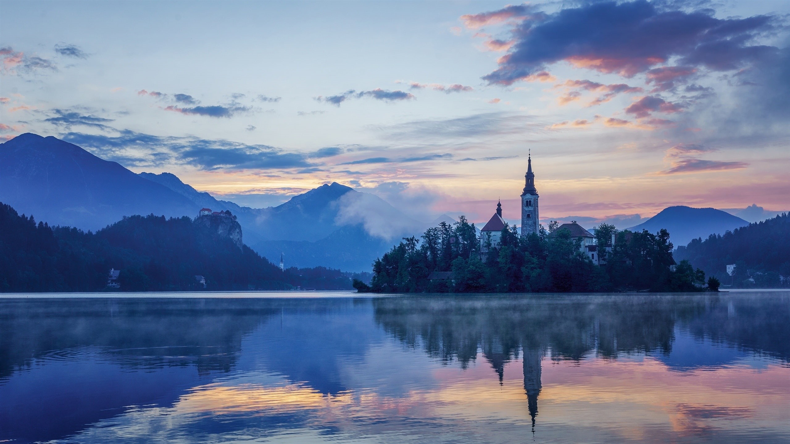 Mariinsky, Bled, Lake, Church, Dawn, Slovenia, 2K, HD Wallpaper