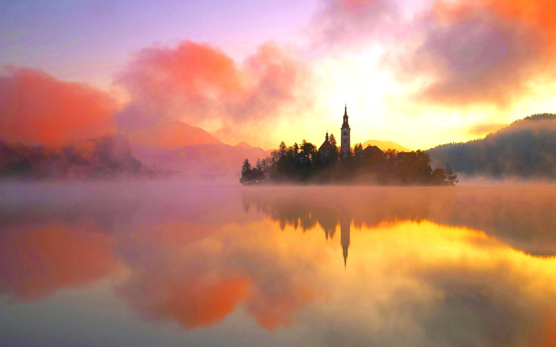 Bled, Sun, 1080P, Slovenia, Northwestern, Lake, Warm, Fog, Morning, HD Wallpaper