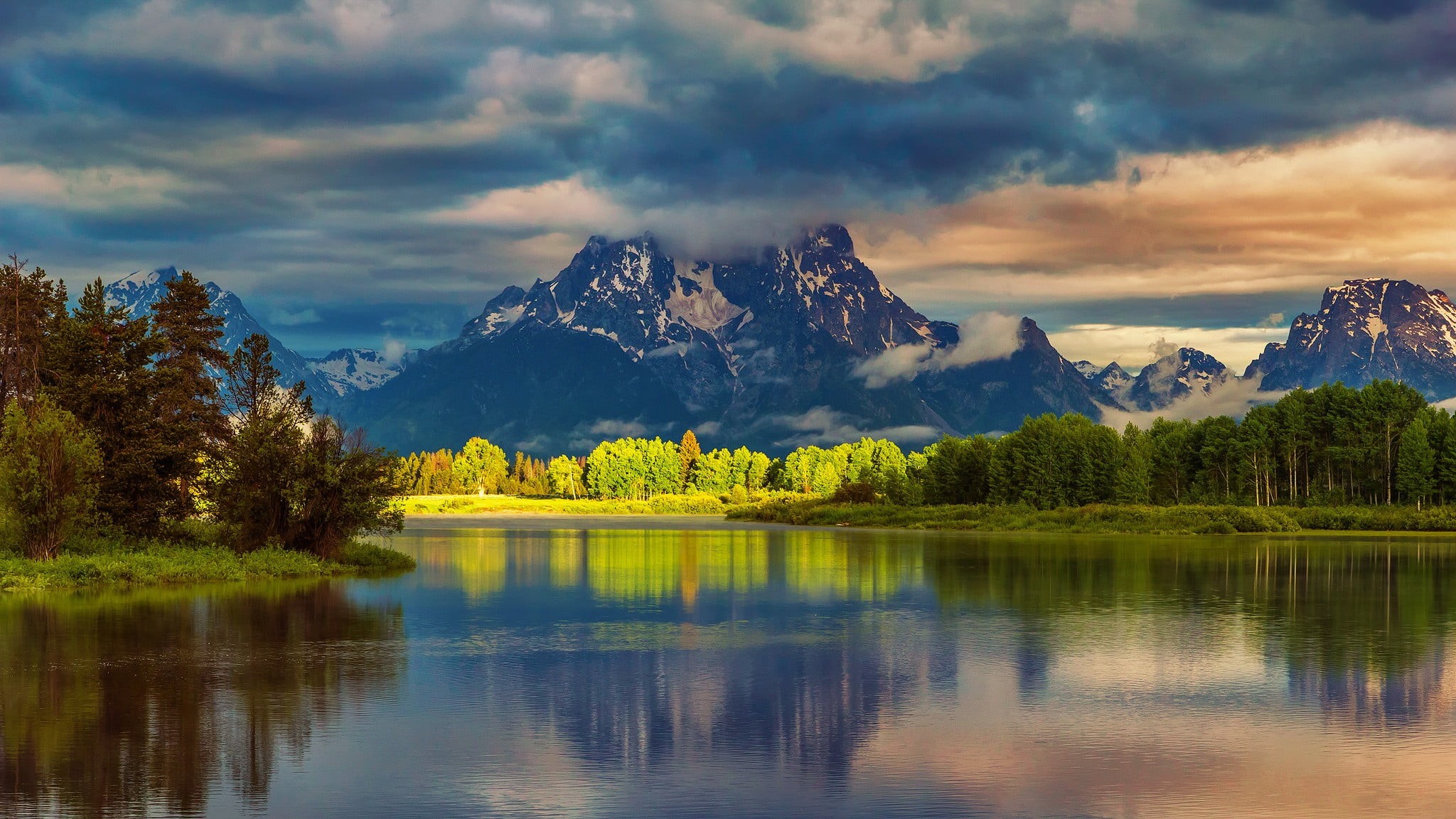 mountains, photo, tree, mountain, cloud - sky, sky, environment, reflection, outdoors, lake, mountain peak, water, beauty in nature, landscape, tranquil scene, HD Wallpaper
