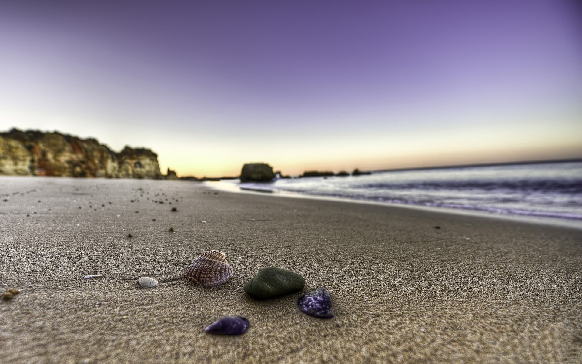sand, horizon, outdoors, scenics - nature, nature, horizon over water, selective focus, purple, no people, sky, tranquil scene, pebble, tranquility, water, HD Wallpaper