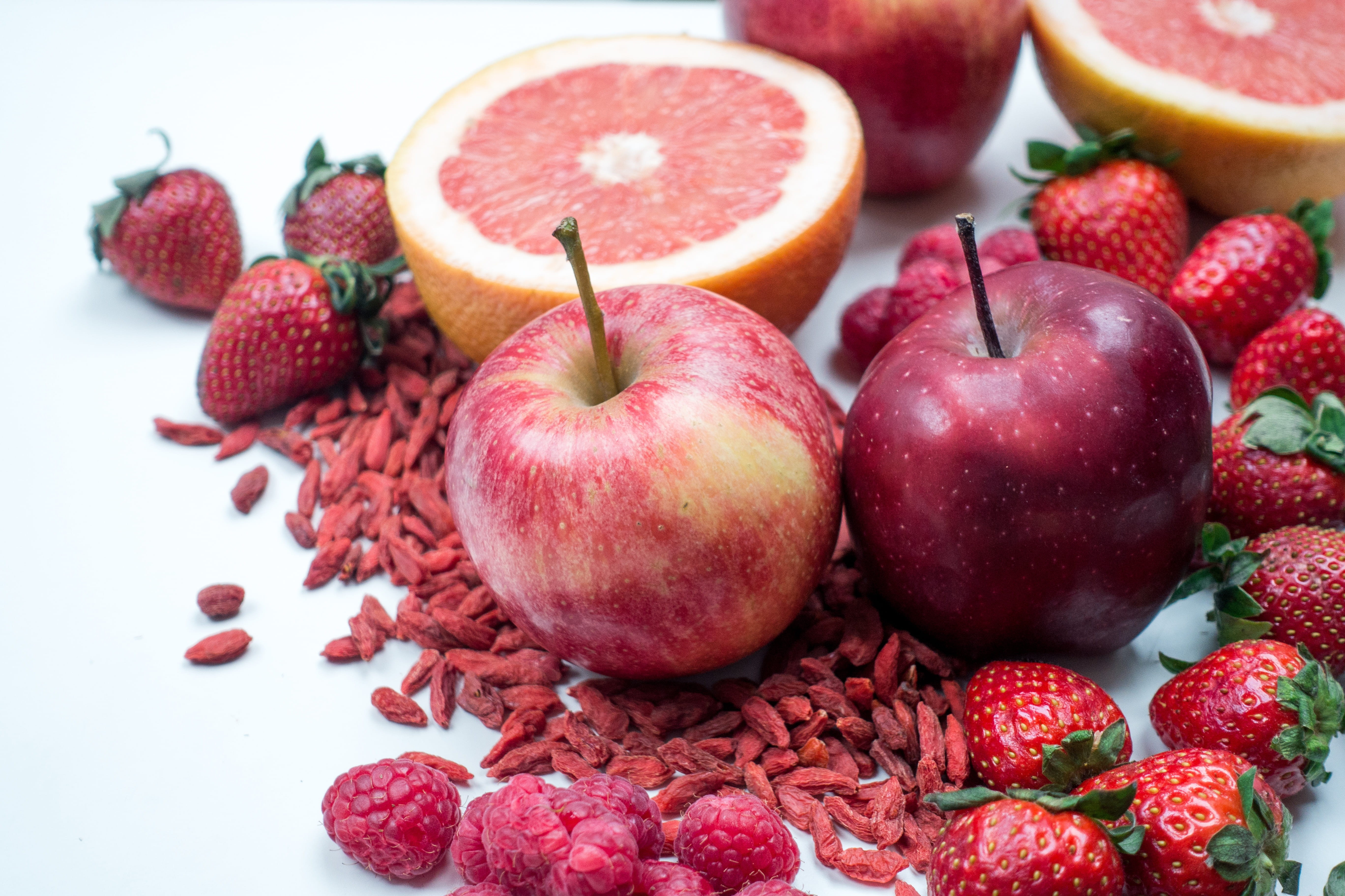 food And Drink, raspberry, dessert, lychee, dieting, goji, freshness, group of objects, still life, apples, indoors, fruit, wellbeing, organic, high angle view, HD Wallpaper