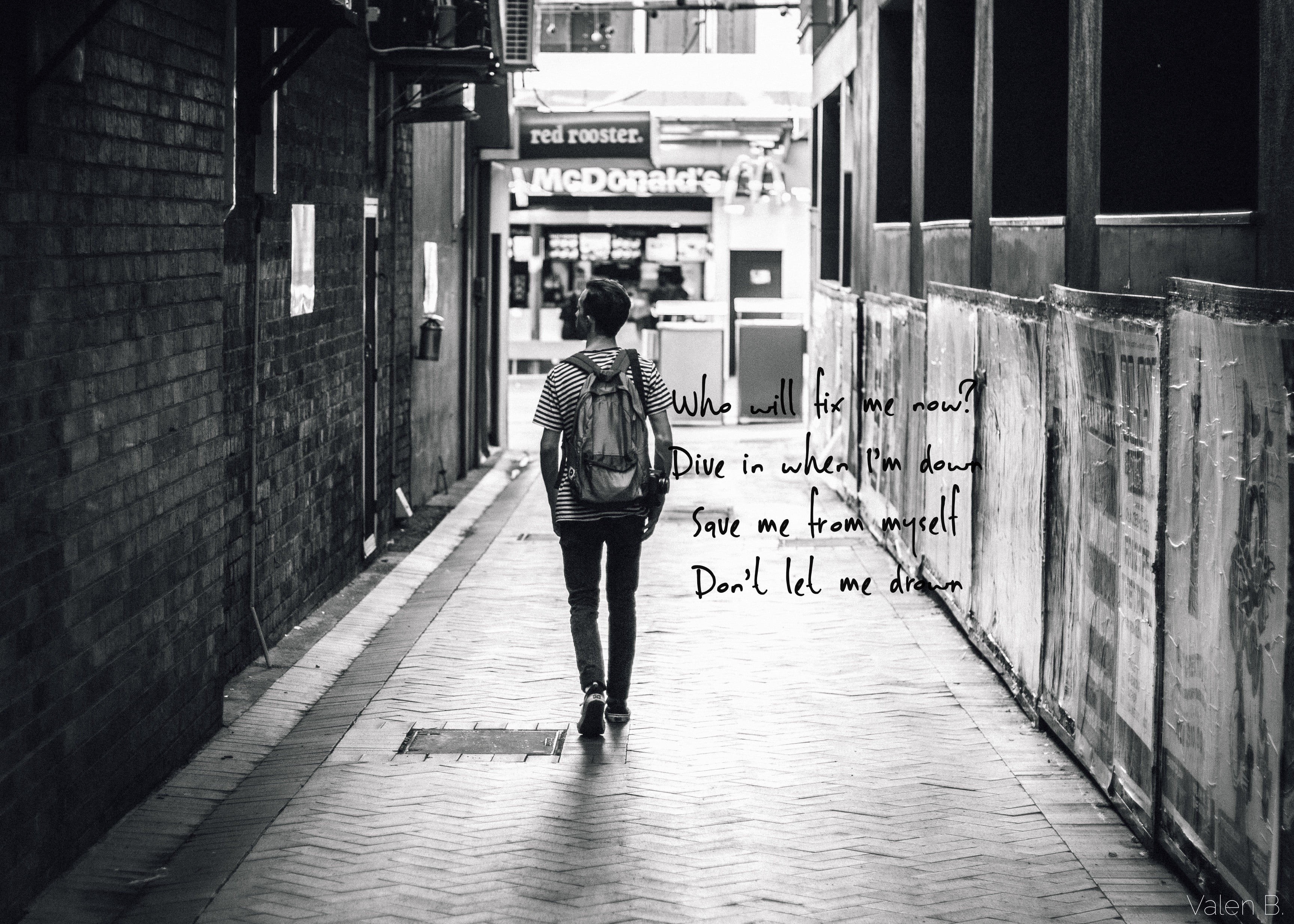 lyrics, city, outdoors, rear view, leisure activity, wooden, full length, table, monochrome, casual clothing, men, architecture, black, direction, day, HD Wallpaper