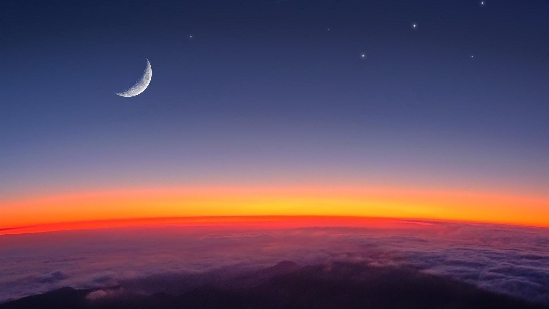 1080P, moon, atmosphere, hd, sunset, blue, seas, nature, stars, HD Wallpaper