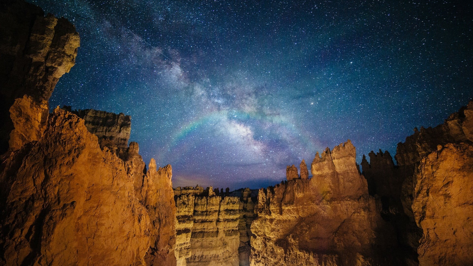 sky, tranquility, scenics - nature, rock, canyon, wall street, 1080P, star, geological phenomenon, non-urban scene, space, night, landscape, galaxy, rock - object, HD Wallpaper