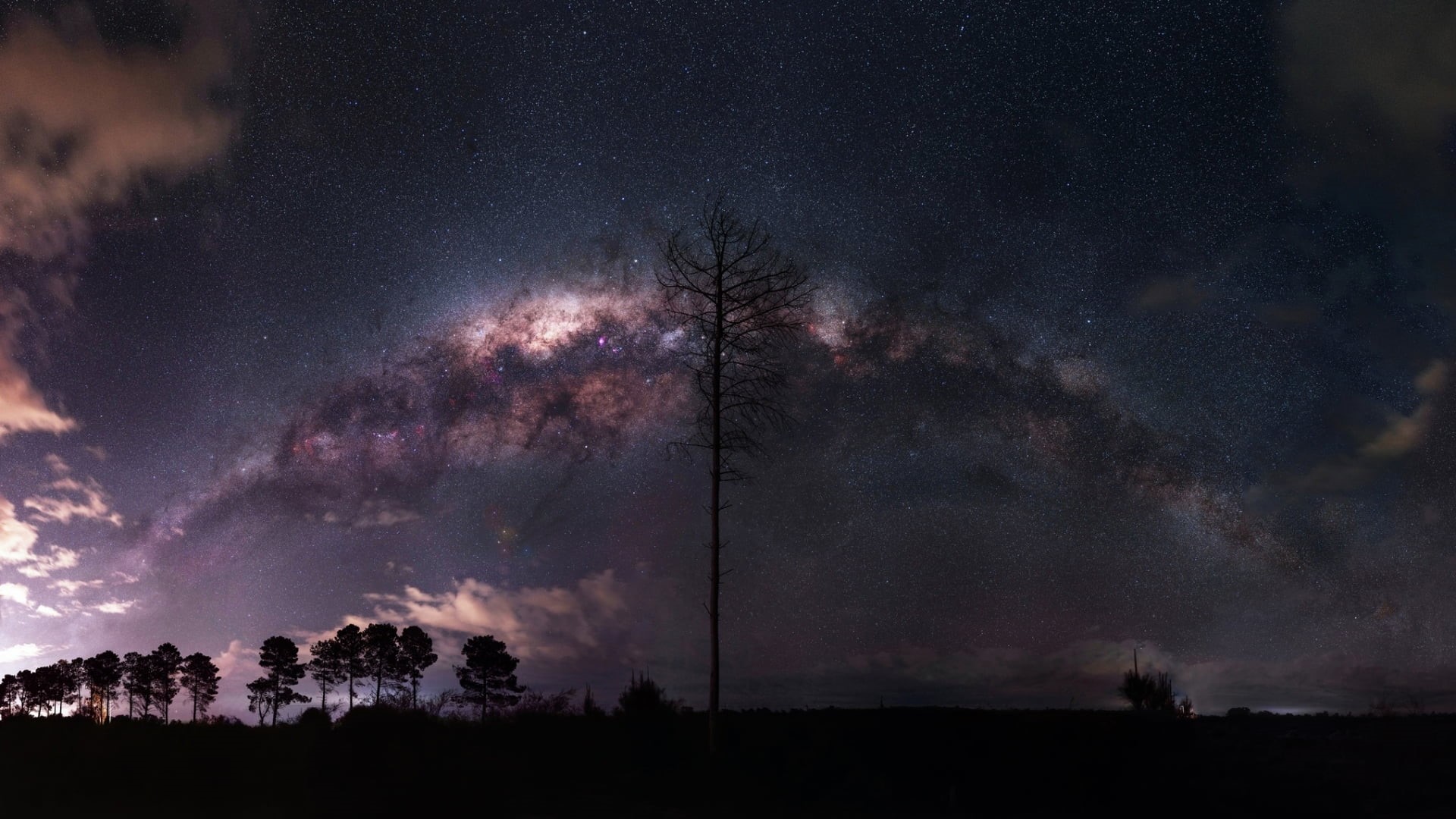 space, galaxy, stars, Milky Way, trees, environment, clouds, tranquil scene, tranquility, scenics - nature, silhouette, no people, night, sky, astronomy, HD Wallpaper