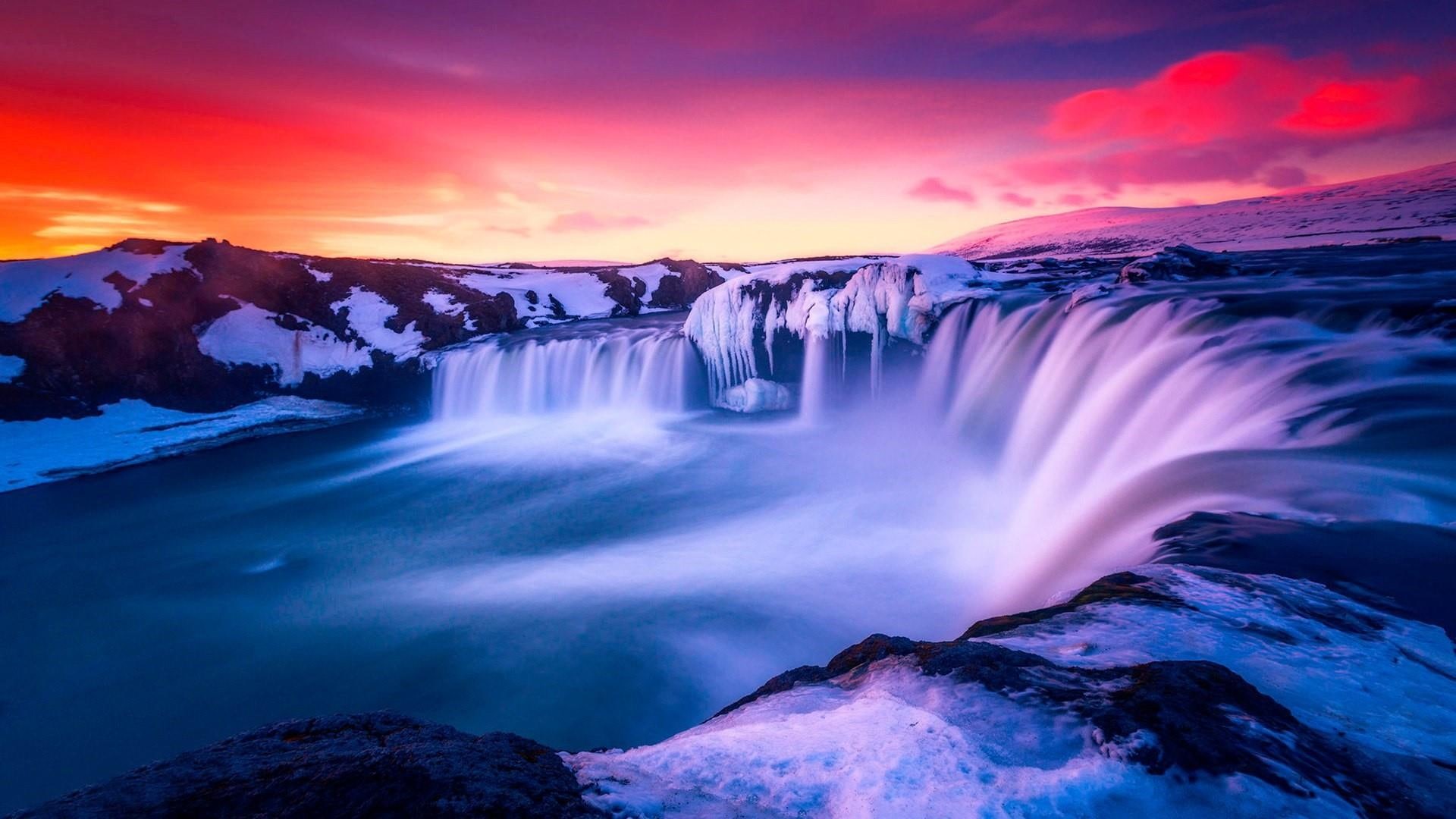 iceland, nature, sky, water, waterfall, freezing, 1080P, godafoss, red sky, winter, HD Wallpaper
