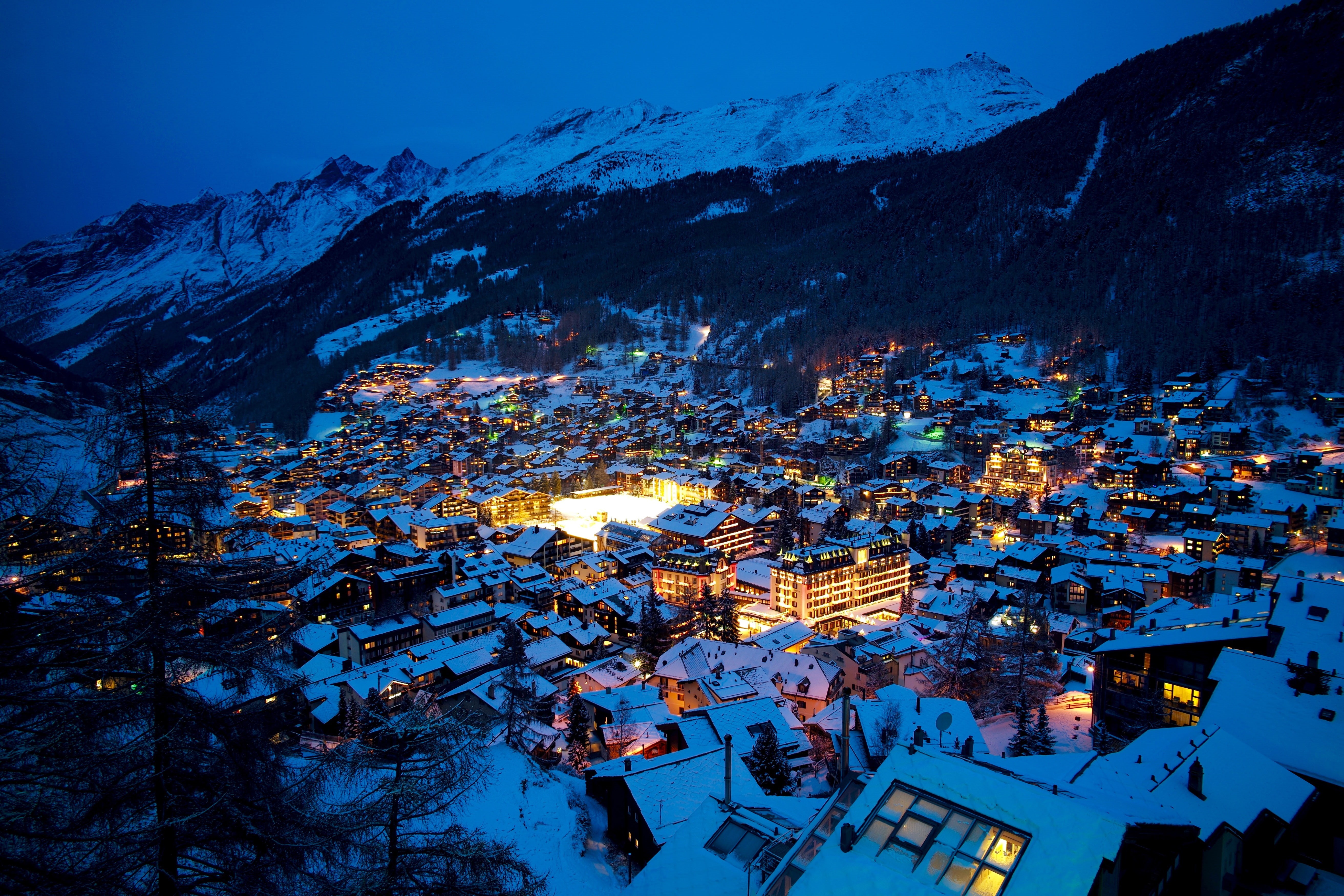 landscape, 5K, Zermatt, snow, Alps, Switzerland, lights, mountains, HD Wallpaper