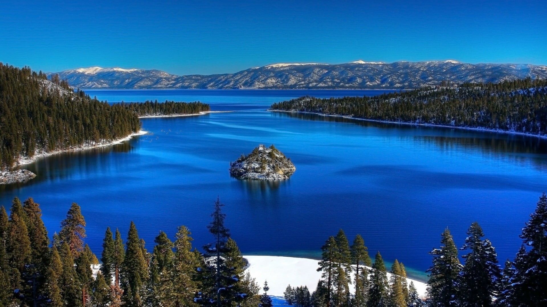 sky, reservoir, blue, scenics - nature, plant, coniferous tree, usa, wilderness, beauty in nature, pine woodland, emerald bay, mountain, lake, 1080P, tranquility, HD Wallpaper