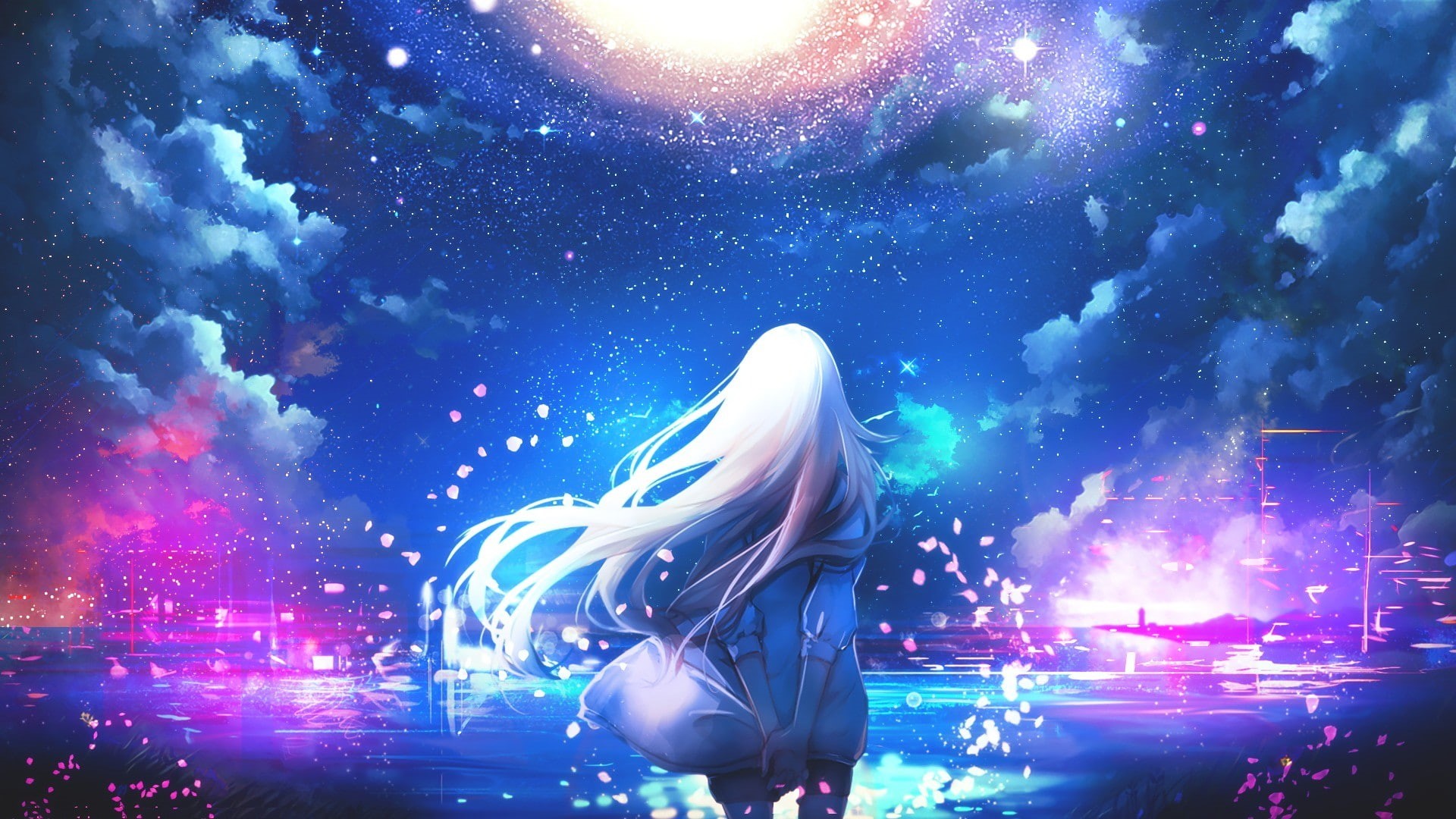 clouds, sky, long hair, anime, girls, long, white, white hair, stars, anime girls, 1080P, hair, HD Wallpaper
