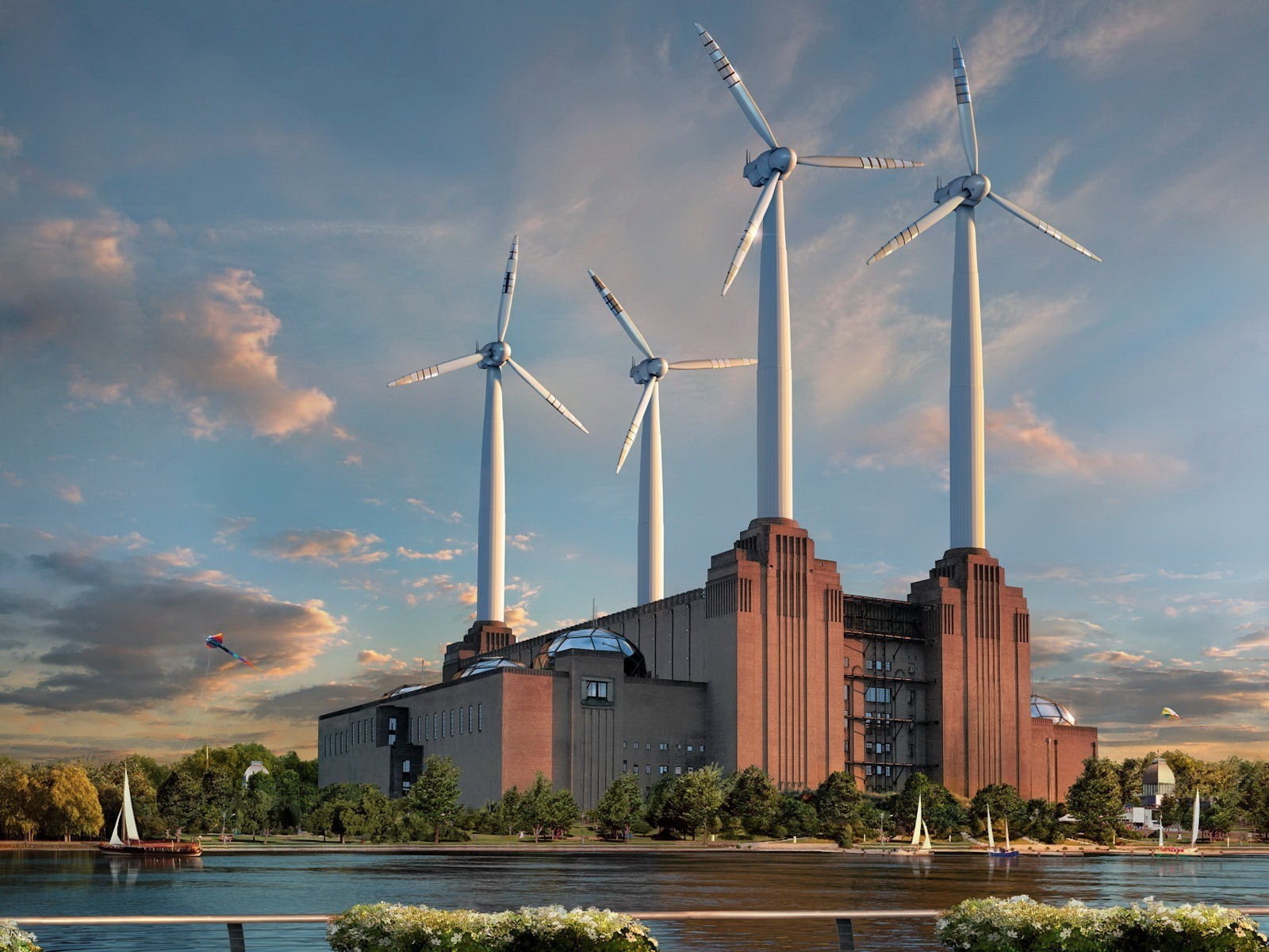industry, factories, building exterior, wind, power supply, artwork, sustainable resources, building, cloud - sky, digital art, built structure, landscape, HD Wallpaper