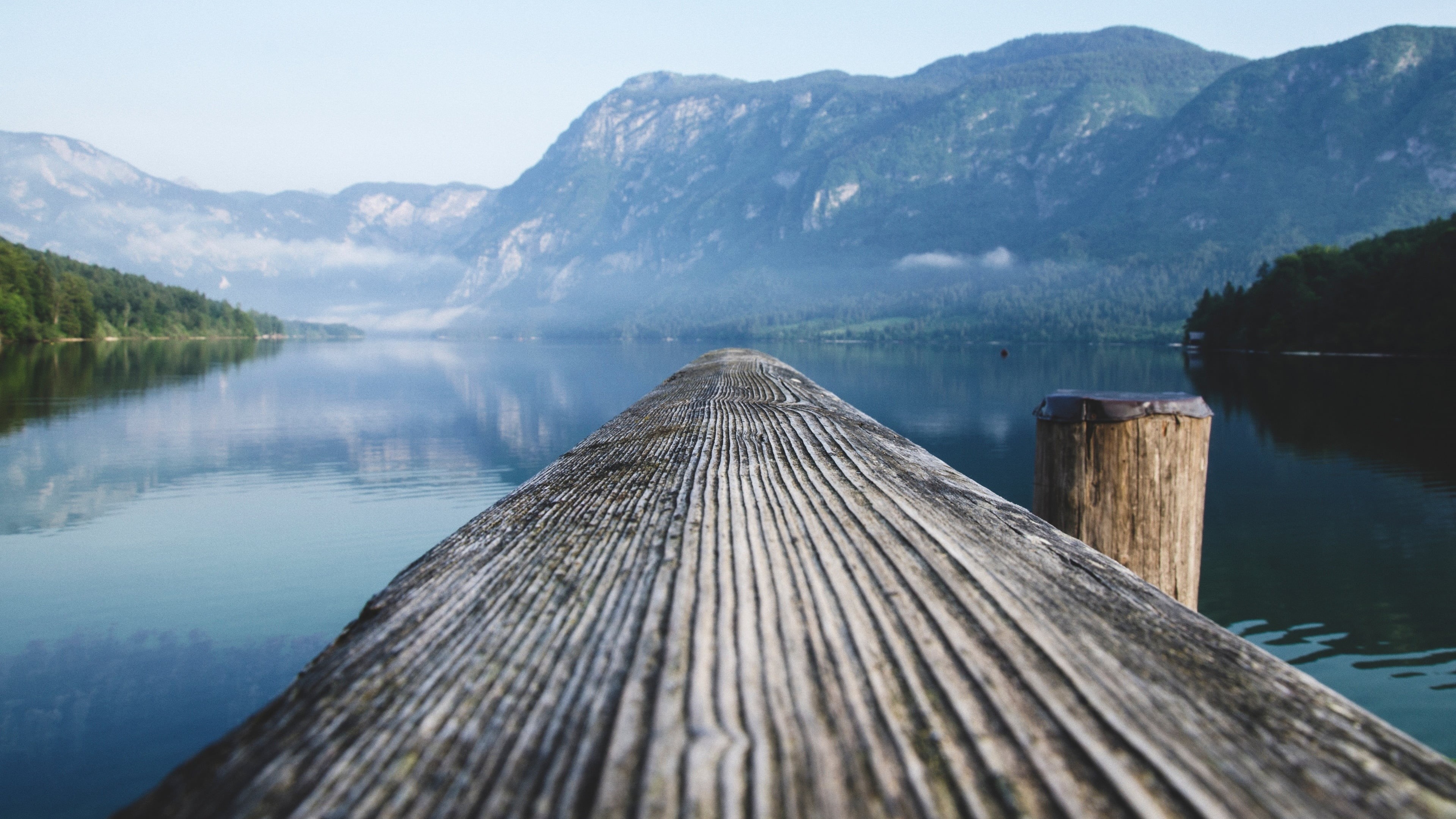 lake, national park, pier, the way forward, mountain range, idyllic, non-urban scene, mountain, 4K, europe, sky, day, lake bohinj, long, no people, slovenia, HD Wallpaper