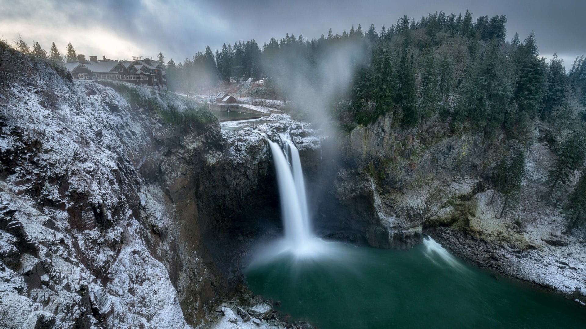 power in nature, pine tree, flowing water, flowing, landscape, wilderness, 1080P, washington, scenics - nature, water, fog, sky, travel destinations, waterfall, HD Wallpaper