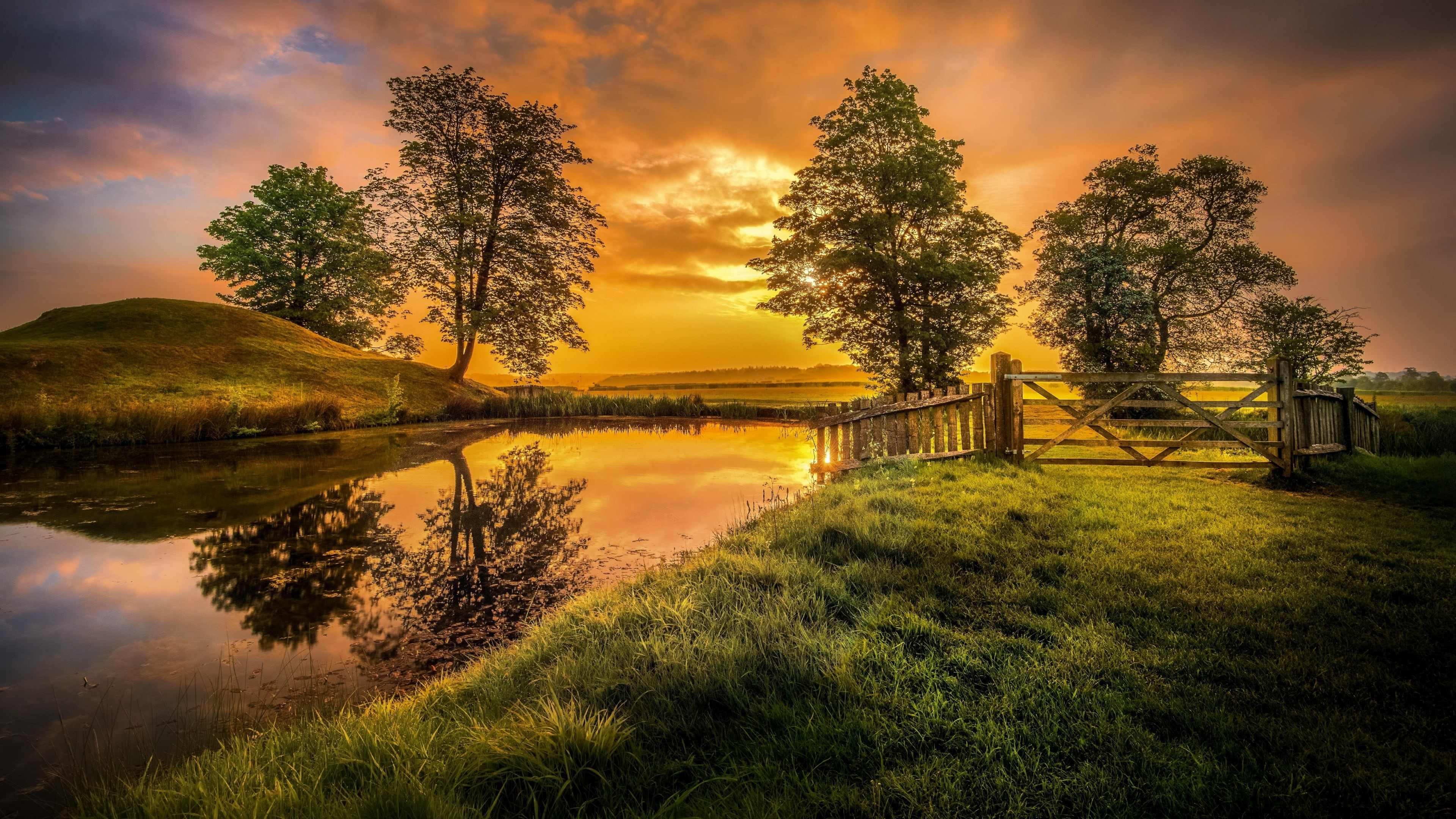 lake, sunlight, grass, water, beauty in nature, scenics - nature, oundle, reflection, 4K, peterborough, united kingdom, sunset, tree, land, gateway, morning, HD Wallpaper