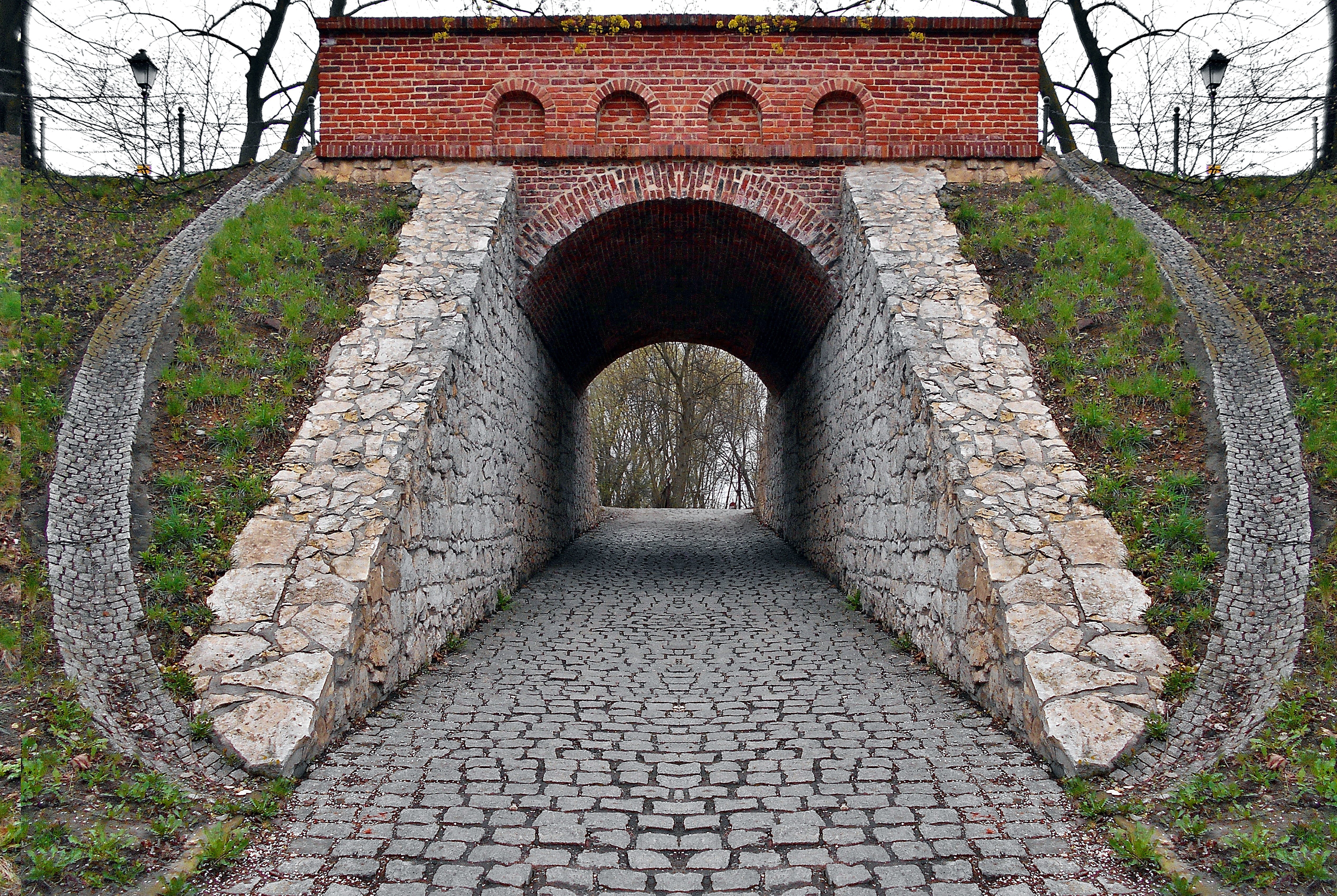 the past, bridge, the way forward, building exterior, concrete, gateway, 4K, old, tunnel, ancient, nature, plant, transition, landscape, no people, symmetrical, HD Wallpaper