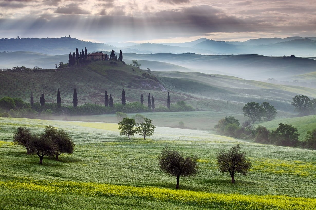 mountains, wildflowers, beauty in nature, rolling landscape, Italy, tranquil scene, scenics - nature, built structure, rural scene, plant, nature, hills, HD Wallpaper
