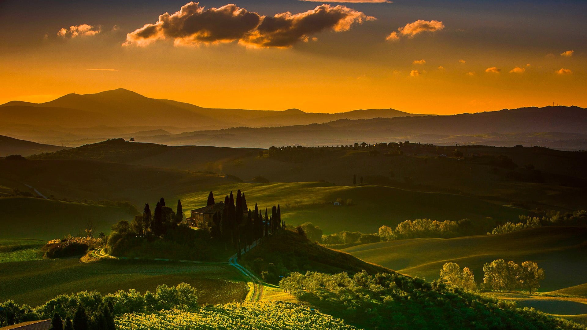nature, podere belvedere, rolling landscape, 1080P, outdoors, sunlight, evening, tranquility, cloud - sky, sun, mountain range, field, no people, environment, HD Wallpaper