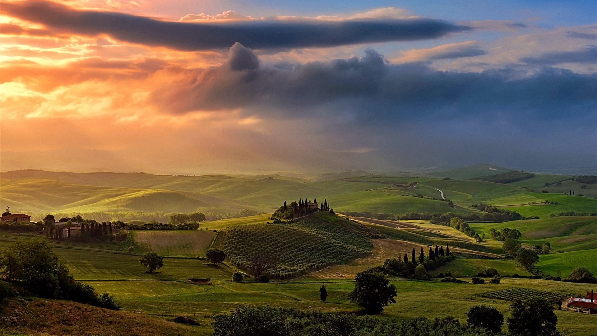tuscany, cloud - sky, valley, environment, italy, podere belvedere, no people, hills, scenics - nature, land, agriculture, architecture, crop, sky, sunset, HD Wallpaper
