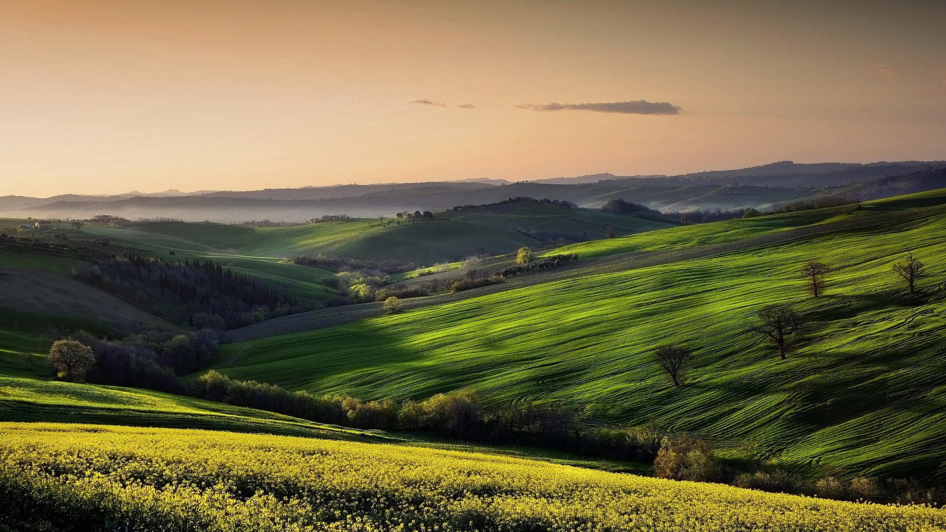 agriculture, grass, tranquility, environment, land, farm, hd image of nature for pc 1920x1080, hill, landscape, sunset, outdoors, sky, rural scene, nature, HD Wallpaper