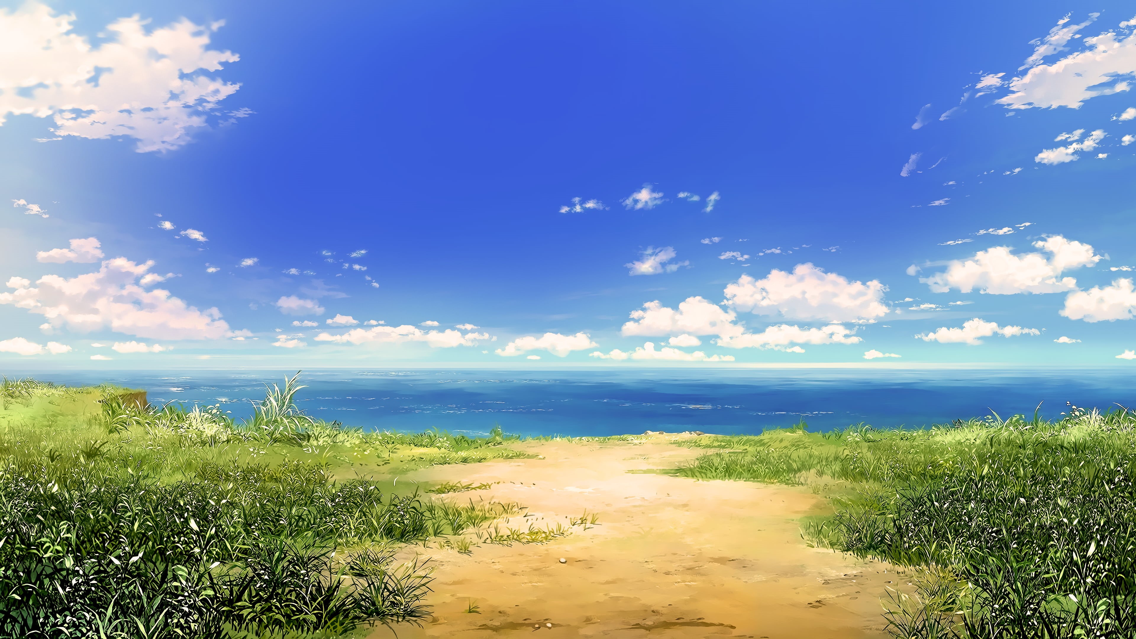 beauty in nature, landscape, sky, nature, cloud - sky, clouds, tranquility, field, no people, plant, sea, water, horizon, green color, 4K, outdoors, cirrus, HD Wallpaper