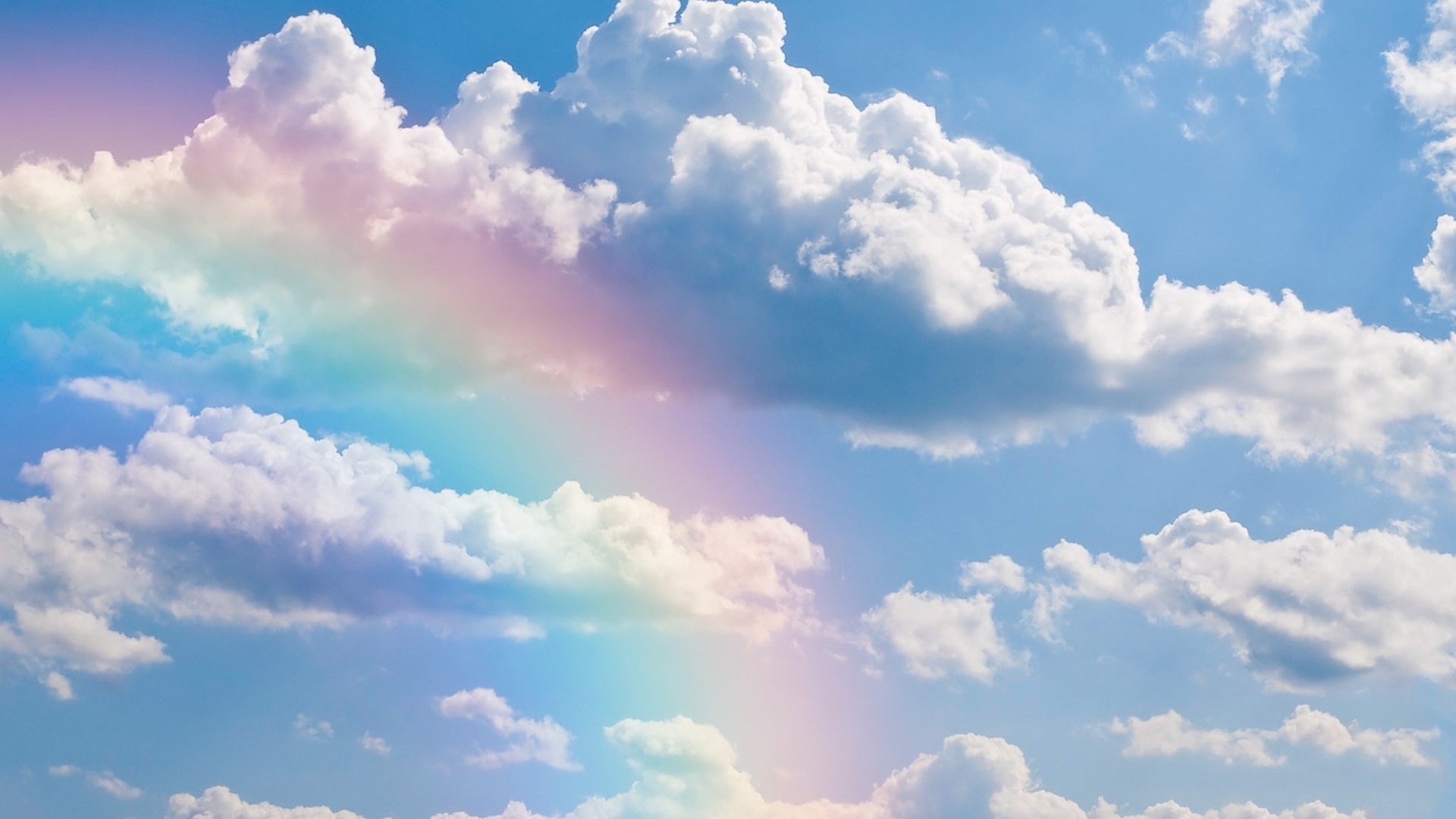 fluffy clouds, clouds, rainbow, cloud, 1080P, sky, skies, daytime, sunlight, sunshine, HD Wallpaper