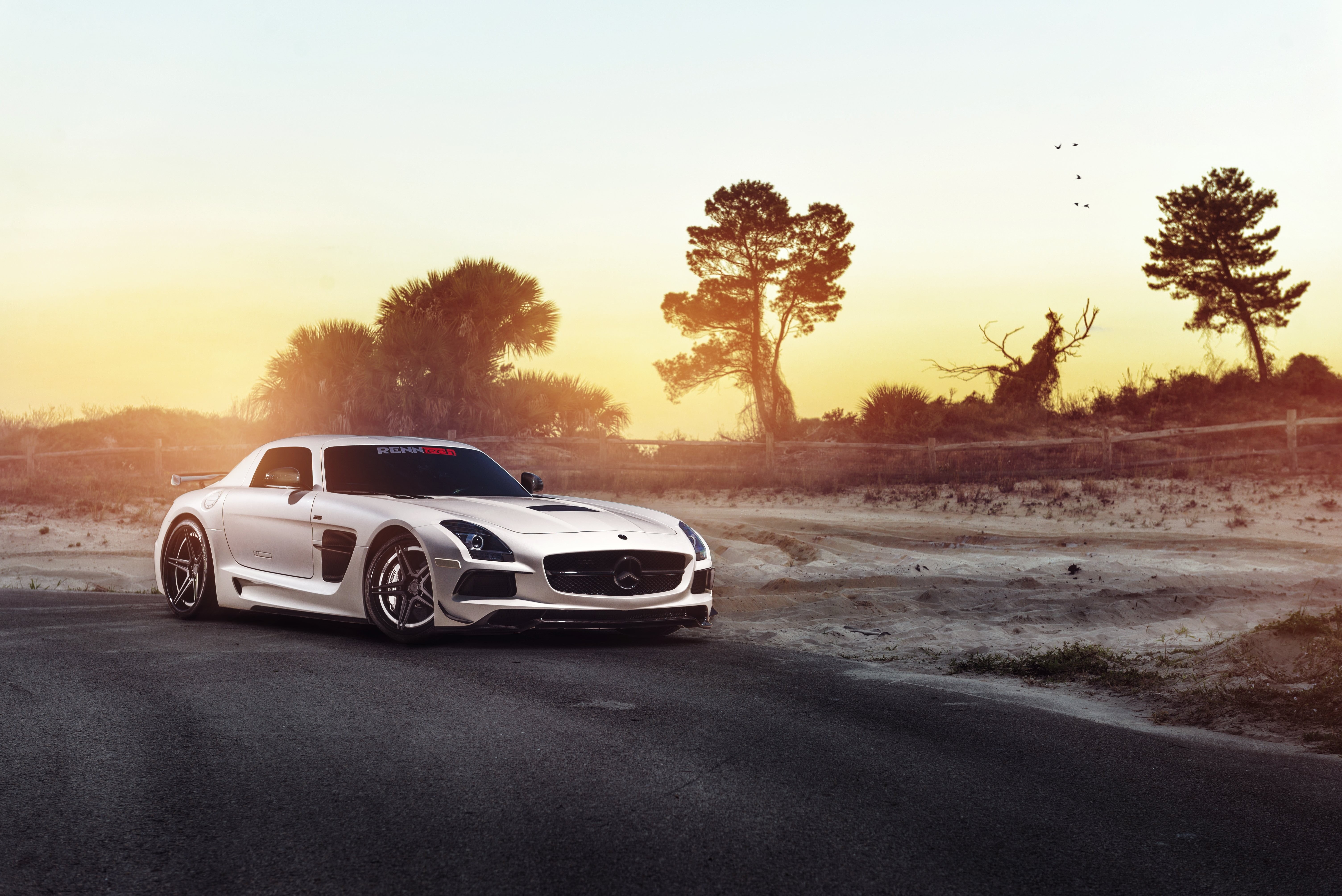 outdoors, no people, 5K, plant, road, sunset, tree, sky, on the move, ADV.1 Wheels, road trip, Mercedes-Benz SLS AMG, mode of transportation, clear sky, HD Wallpaper
