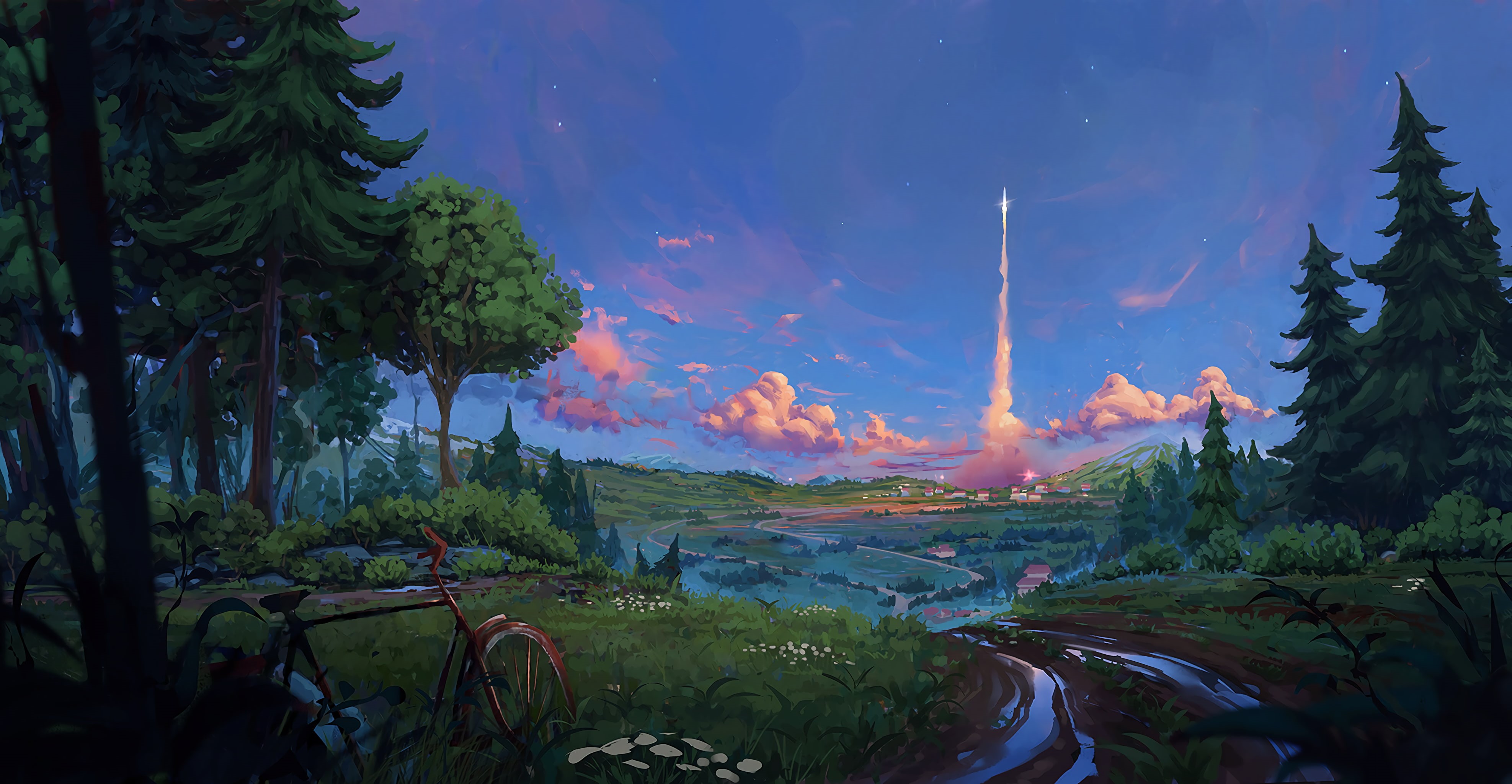 clouds, 4K, forest, scenic, rocket launch, bicycle, trees, Fantasy, stars, fantasy world, HD Wallpaper