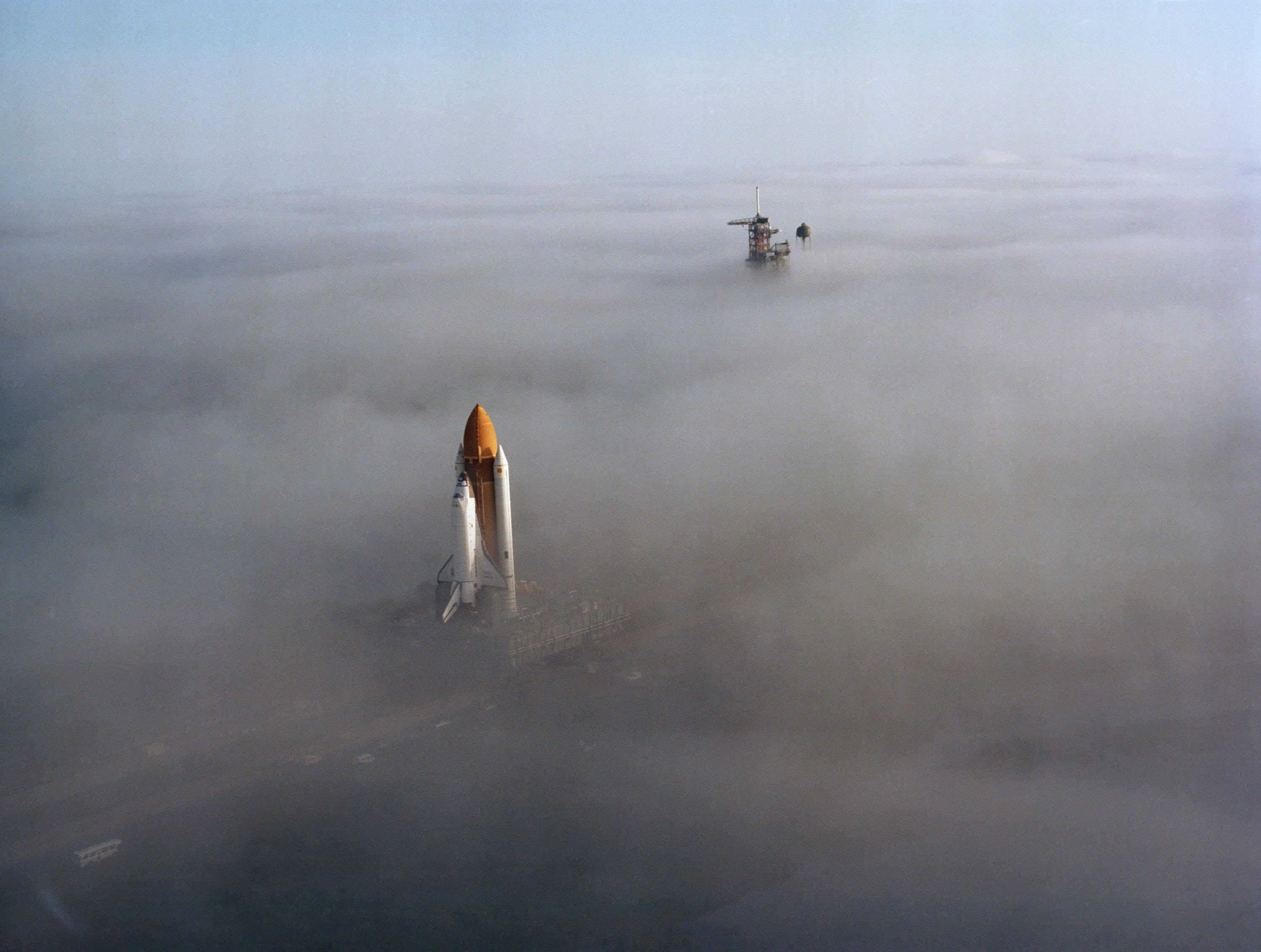 day, no people, launch pad, on the move, cloudy, water, space, mode of transportation, sea, fog, launch platform, gantry, pollution, cloud - sky, motion, HD Wallpaper