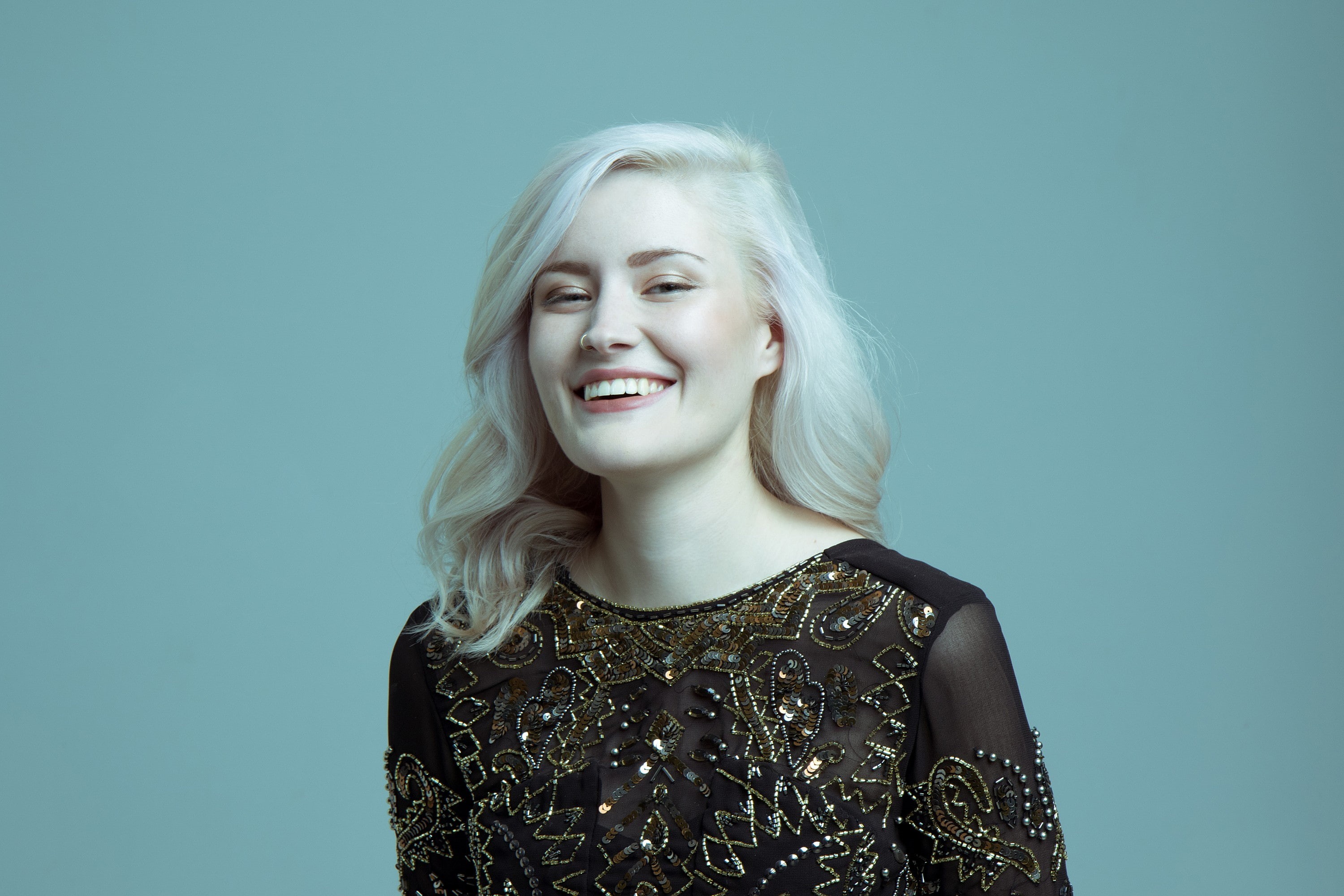 indoors, studio shot, smiling, beautiful woman, 2K, blue eyes, portrait, hairstyle, young women, hair, fashion, beauty, white hair, happiness, Madeline Juno, HD Wallpaper