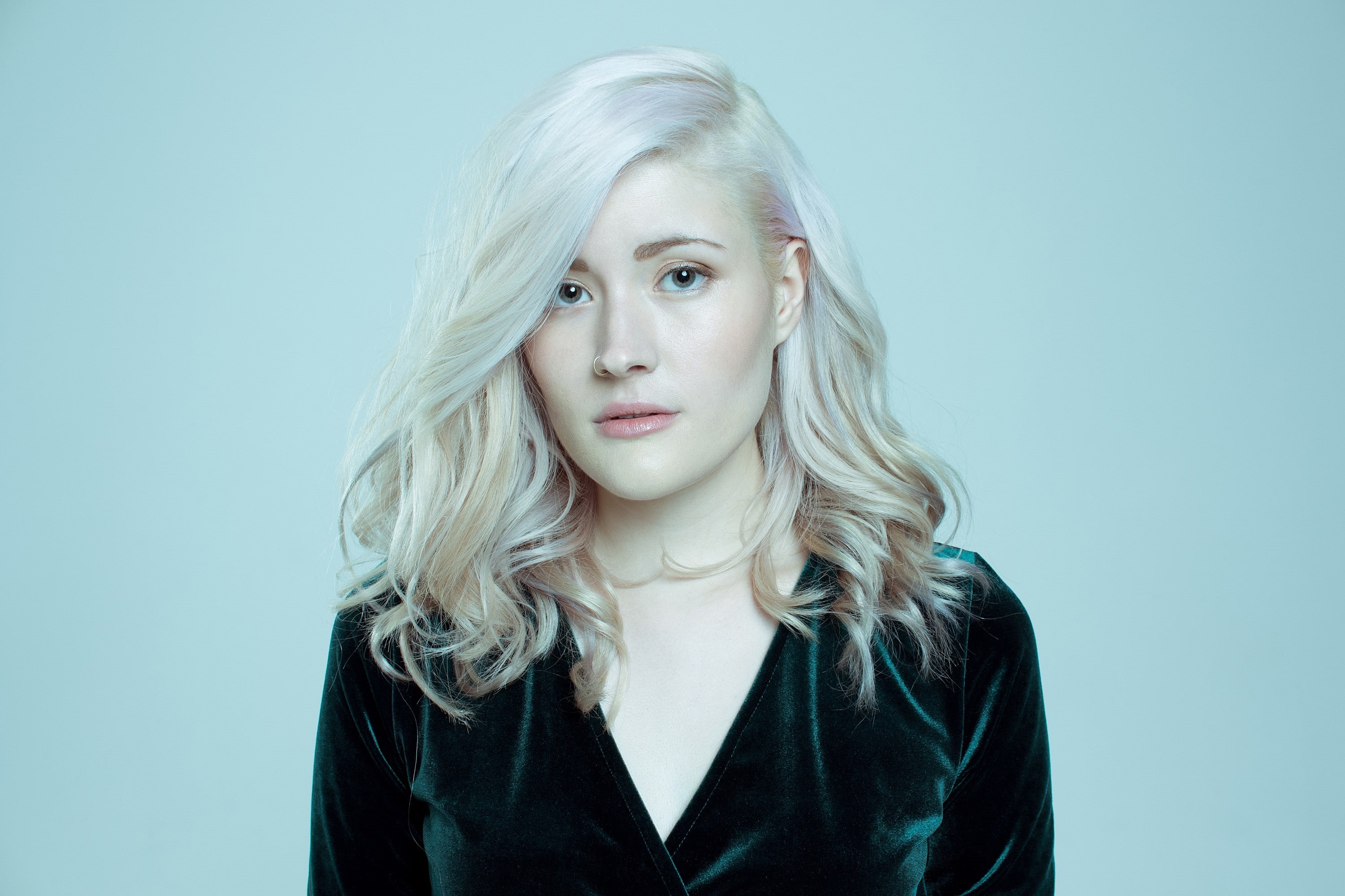 women, beautiful woman, young women, white hair, one person, beauty, colored background, Madeline Juno, hair, 2K, looking at camera, headshot, blue, studio shot, HD Wallpaper
