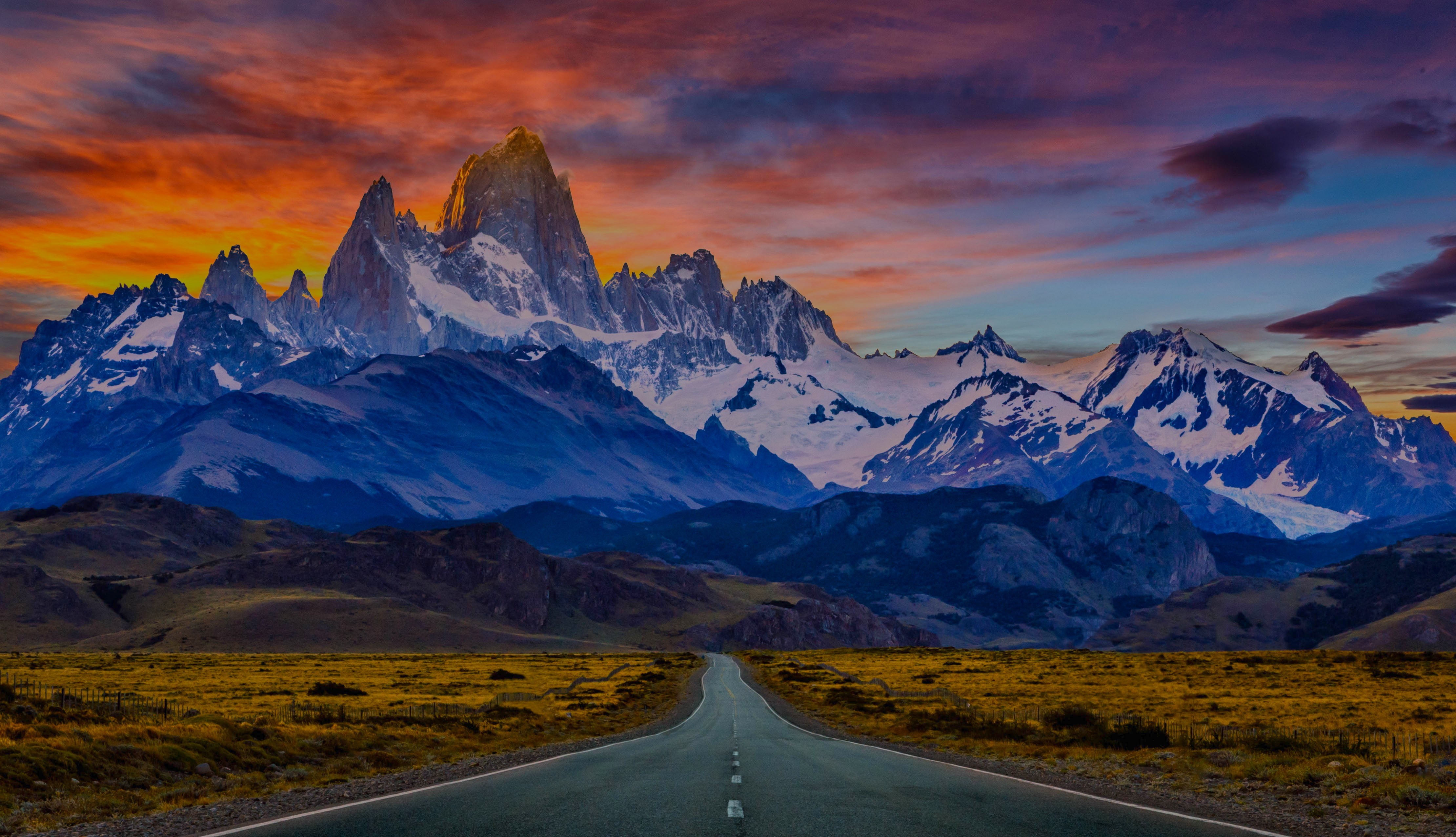 winter, sky, mountain peak, road, Torres del Paine, cloud - sky, beauty in nature, mountain range, direction, 4K, tranquil scene, the way forward, sunset, HD Wallpaper