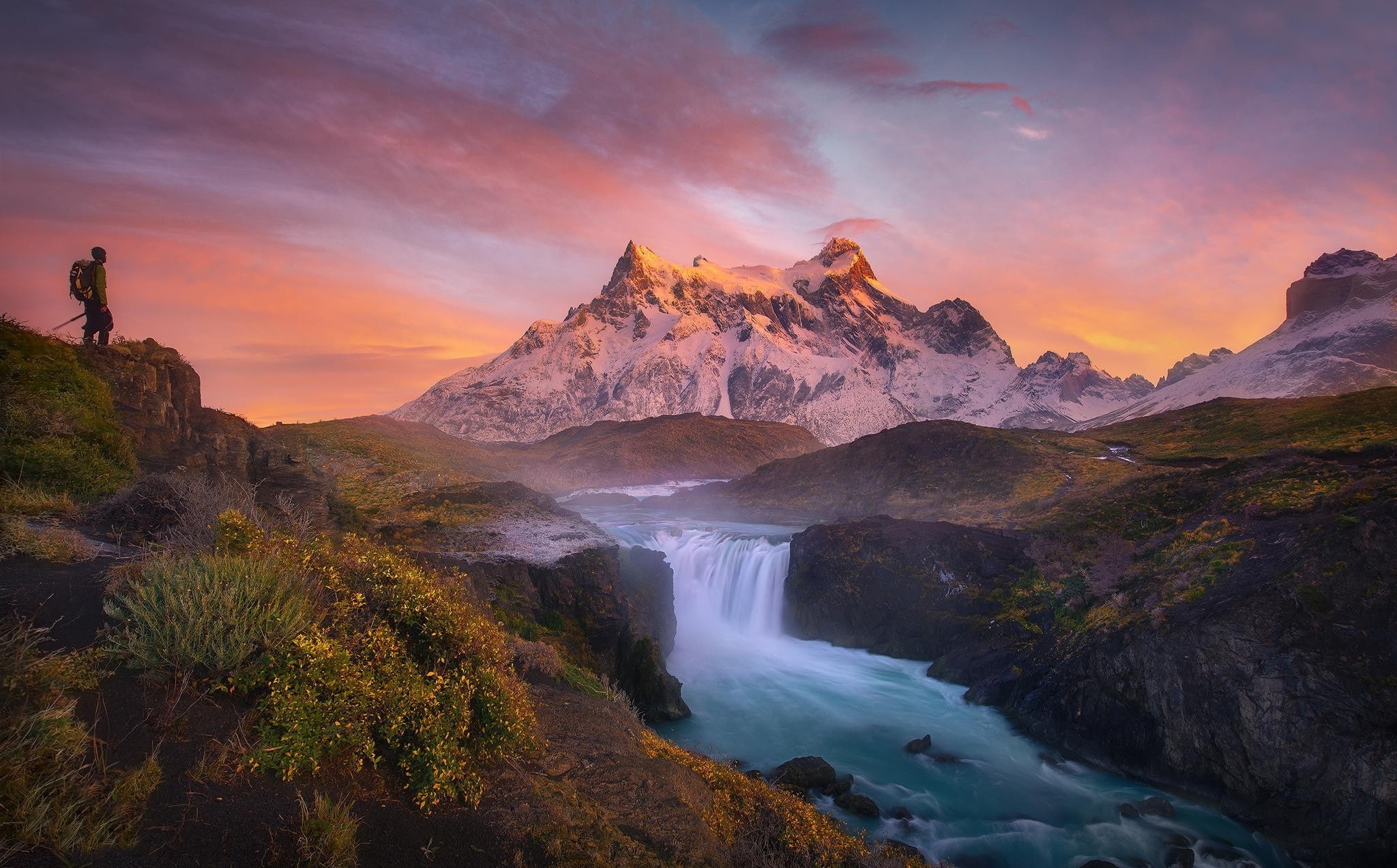 mountain range, Torres del Paine, flowing water, scenics - nature, tranquility, water, mountains, snowy peak, no people, environment, Chile, waterfall, HD Wallpaper