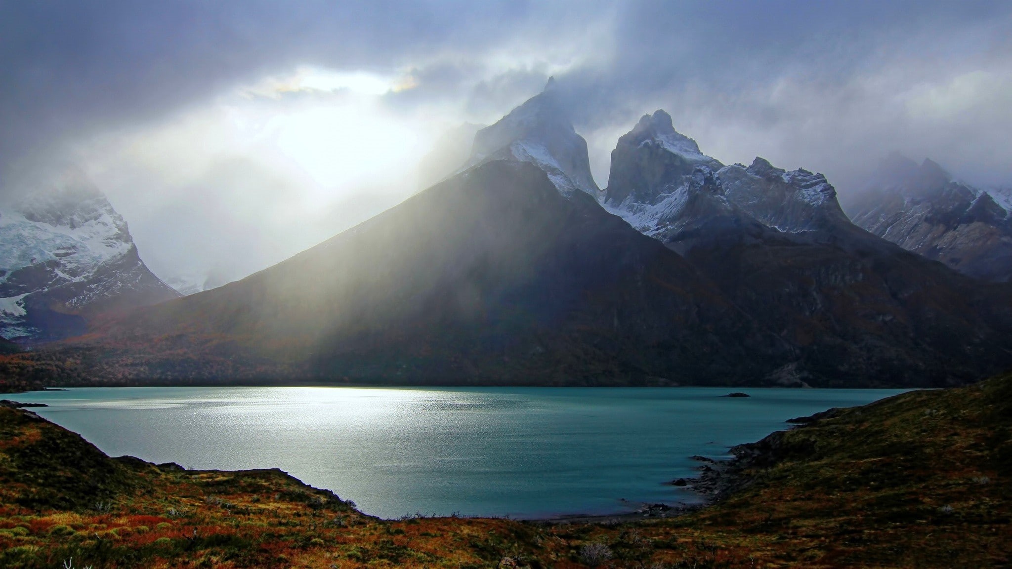 mountain peak, mountain, scenics - nature, landscape, water, sunset, cloud - sky, Torres del Paine, 1080P, Chile, tranquil scene, beauty in nature, sunlight, HD Wallpaper