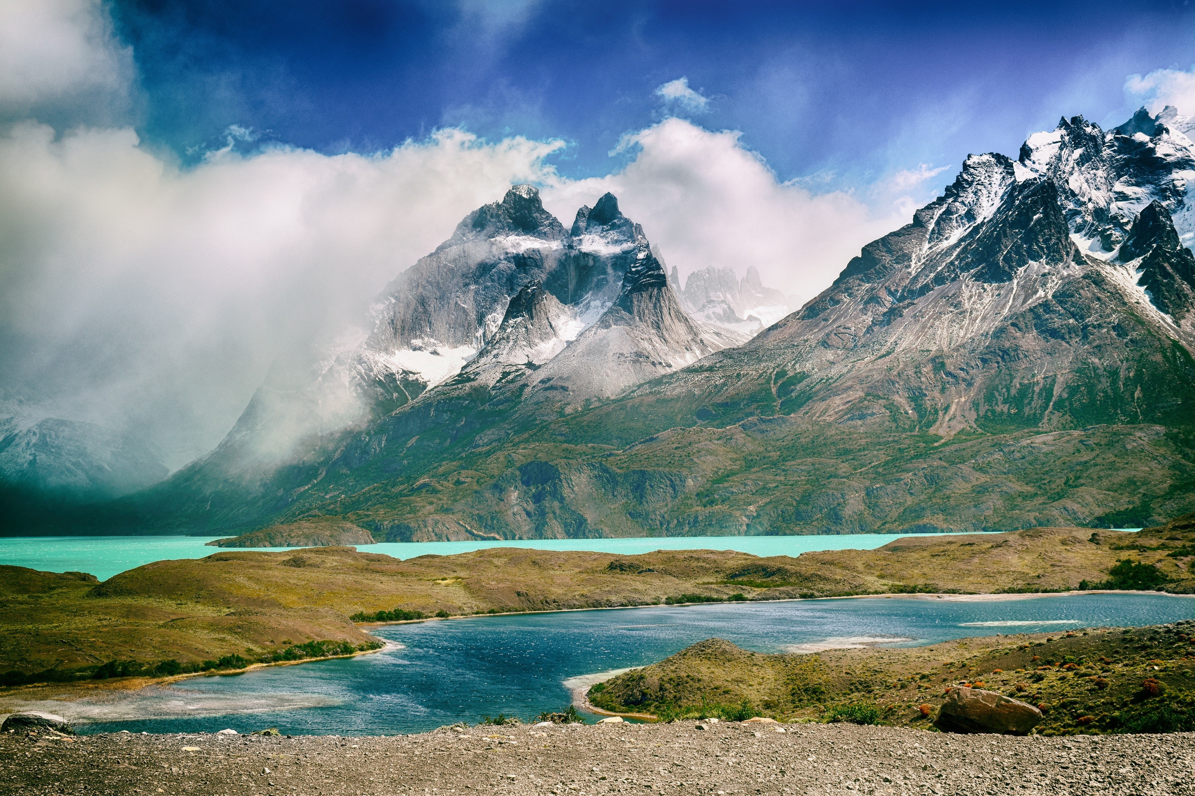 4K, clouds, river, mountains, landscape, nature, torres del paine national park, HD Wallpaper