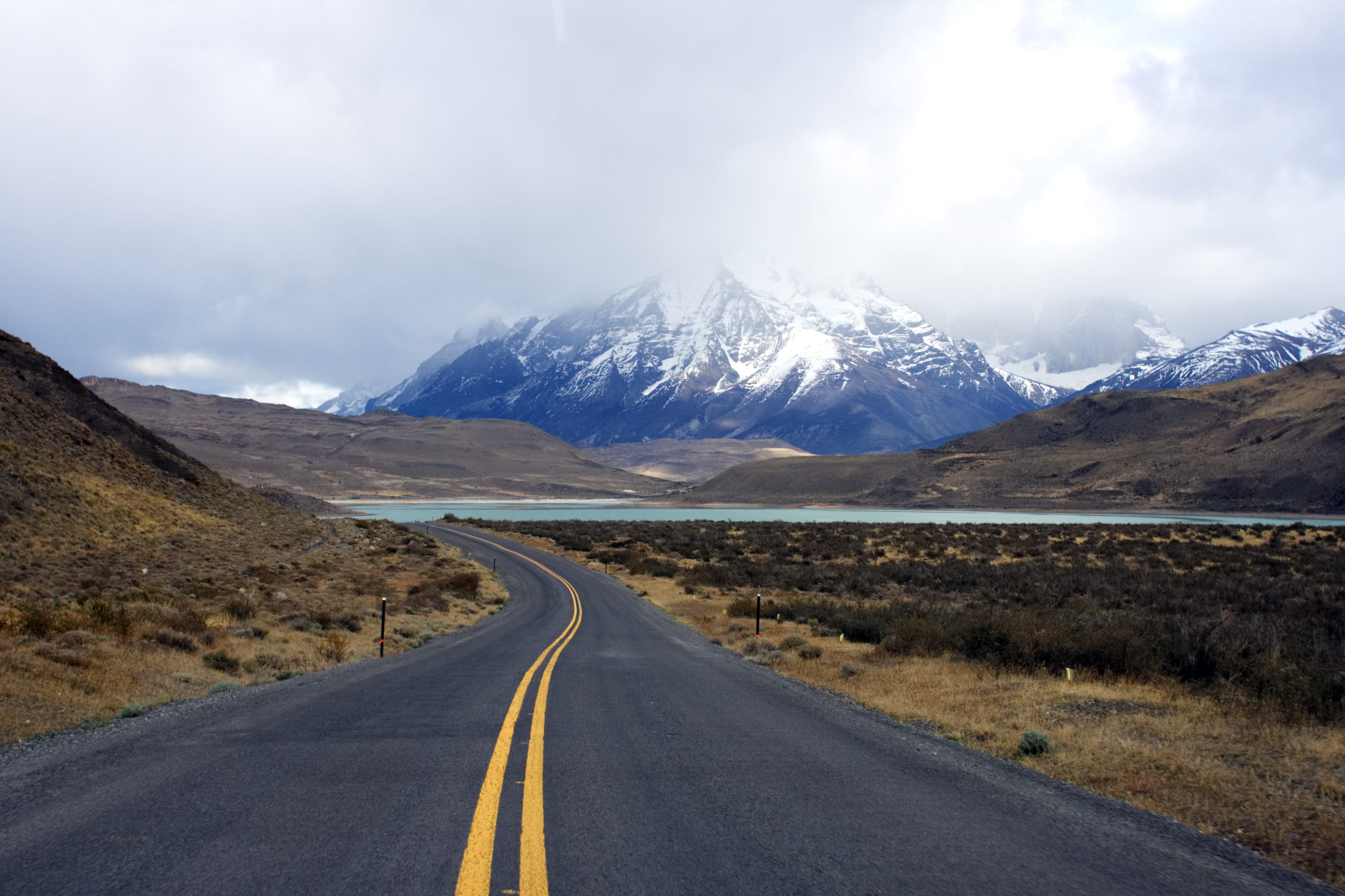 roadtrip, no people, environment, marking, snow, sky, mountain range, dividing line, transportation, snowcapped mountain, the way forward, 4K, outdoors, HD Wallpaper