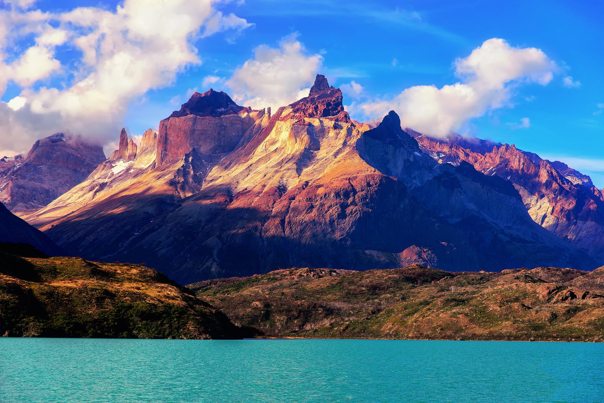 South America, tranquil scene, tranquility, day, no people, mountain, beauty in nature, mountains, photo, sunlight, snowcapped mountain, water, rock, clouds, HD Wallpaper