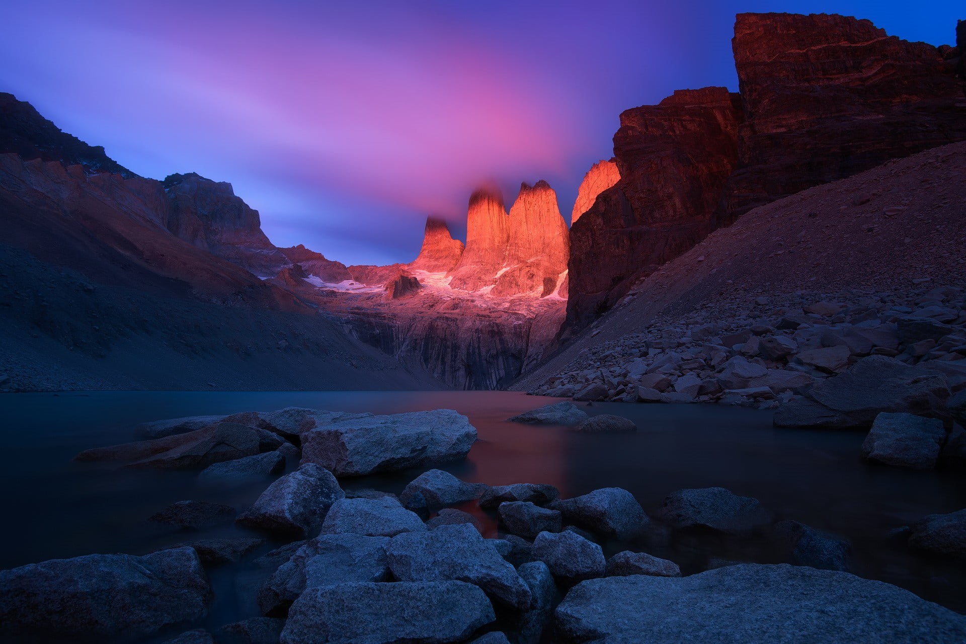 sky, cloud - sky, purple, Chile, idyllic, tranquility, rock, formation, tranquil scene, landscape, scenics - nature, mountains, Mirador Las Torres, solid, HD Wallpaper