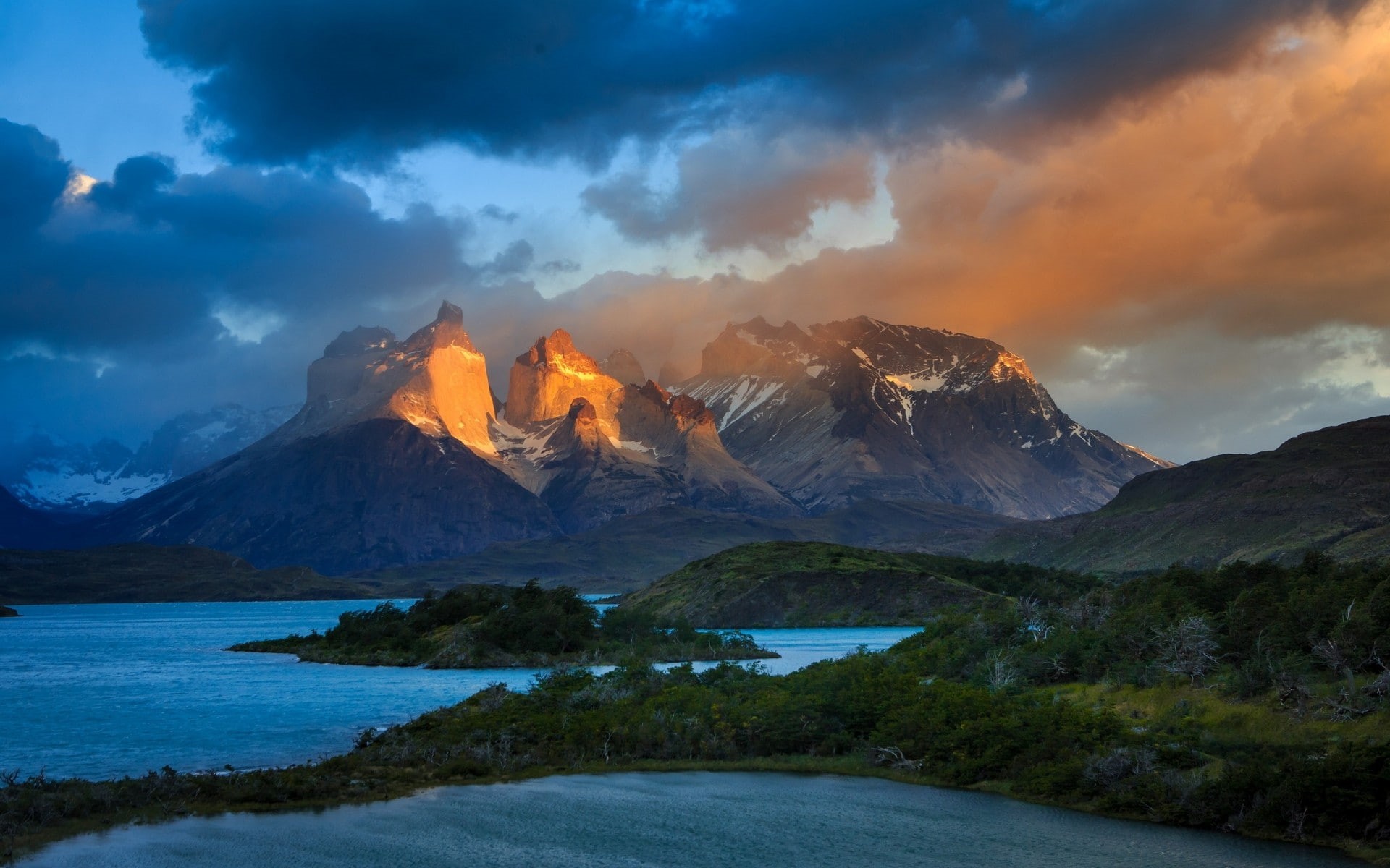 Torres del Paine, nature, trees, mountains, landscape, 1080P, snowy peak, sunlight, Chile, lake, shrubs, clouds, HD Wallpaper
