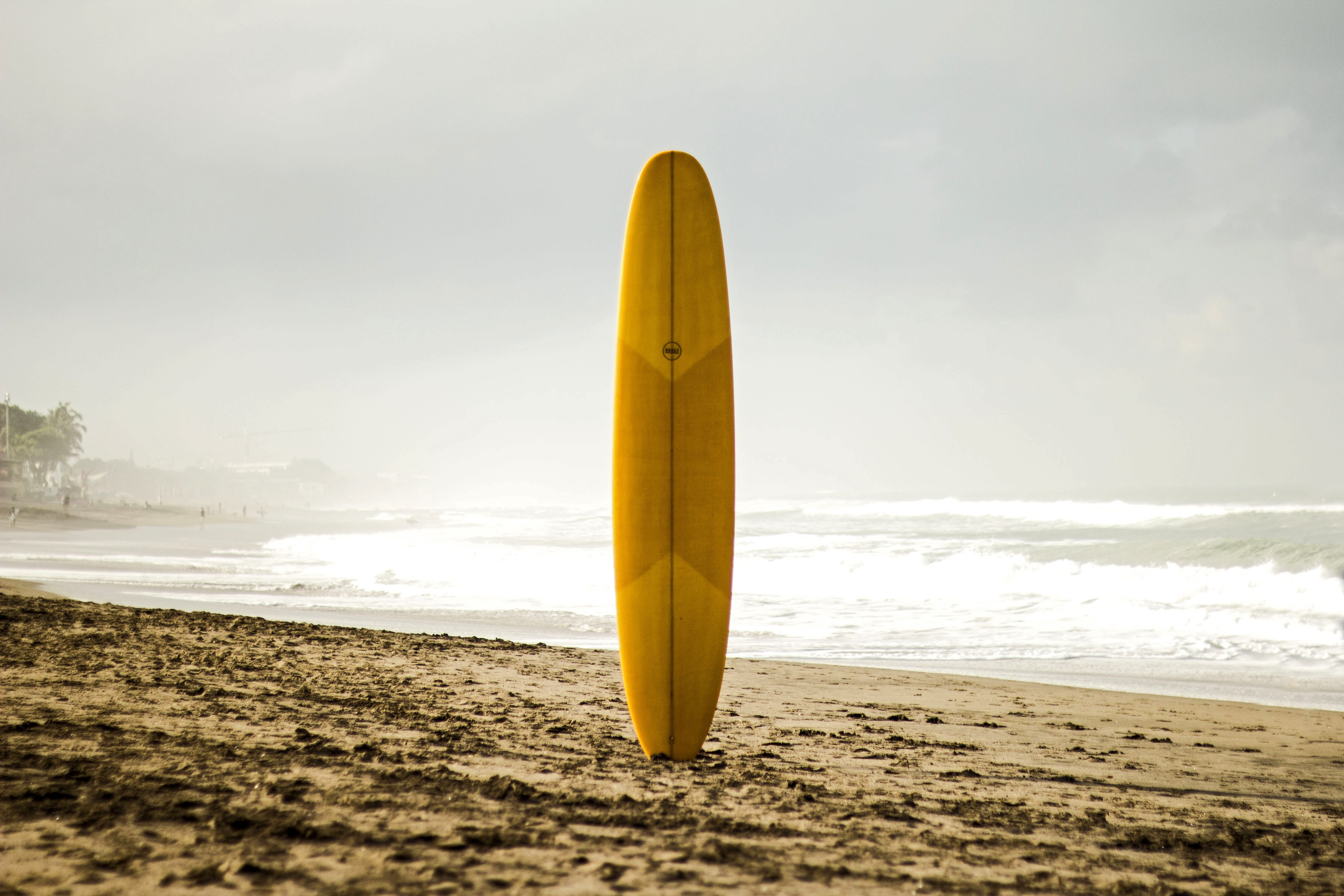 beach side, surf board, relaxation, vacations, lifestyles, sun, summer, sandy beach, minimal, sky, shore, recreational Pursuit, water, sea, copy Space, HD Wallpaper