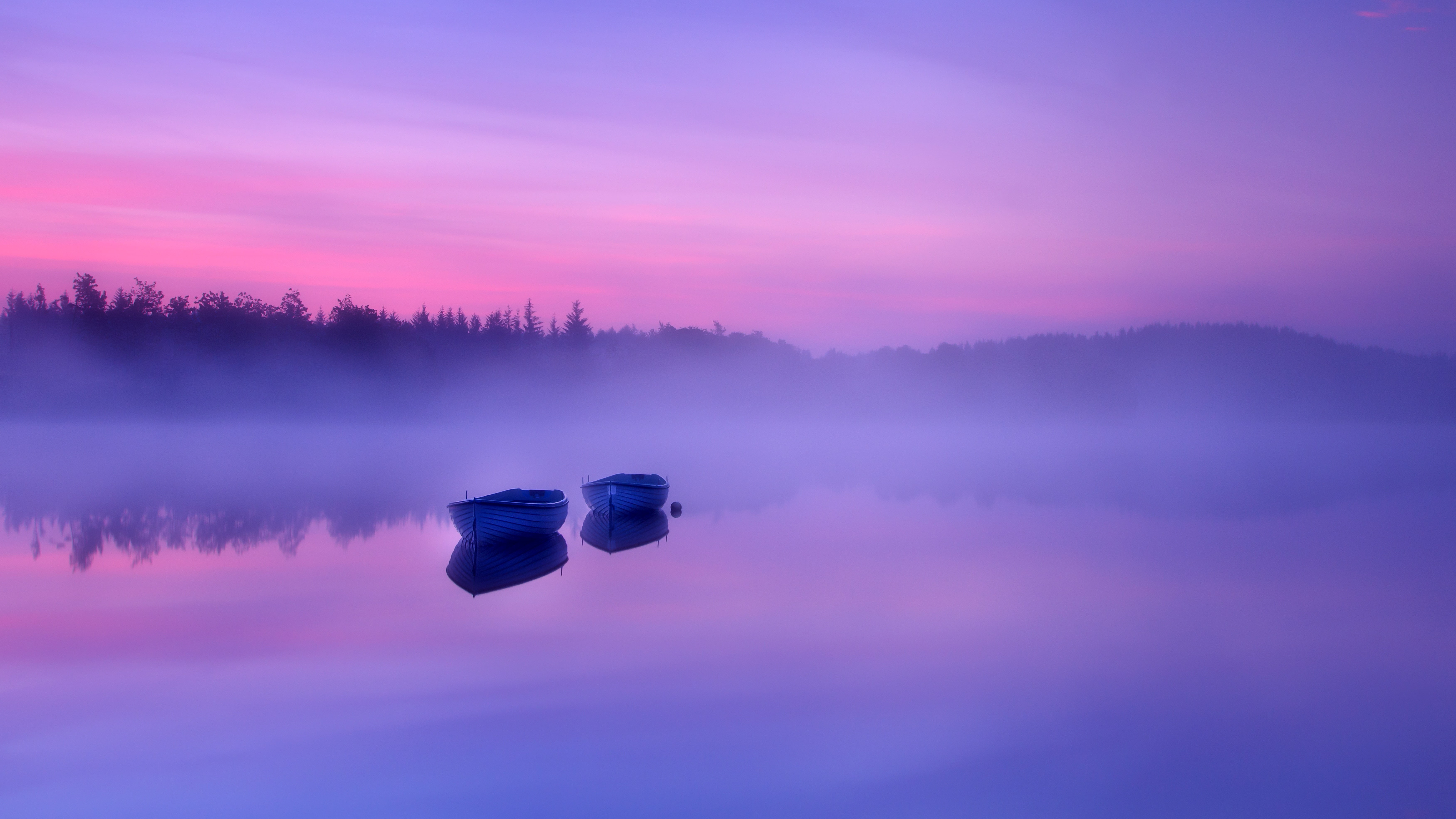 tranquil scene, Misty, outdoors, reflection lake, Morning, sky, tree, nature, sunrise - dawn, tranquility, scenics - nature, k, fog, pink color, reflection, HD Wallpaper