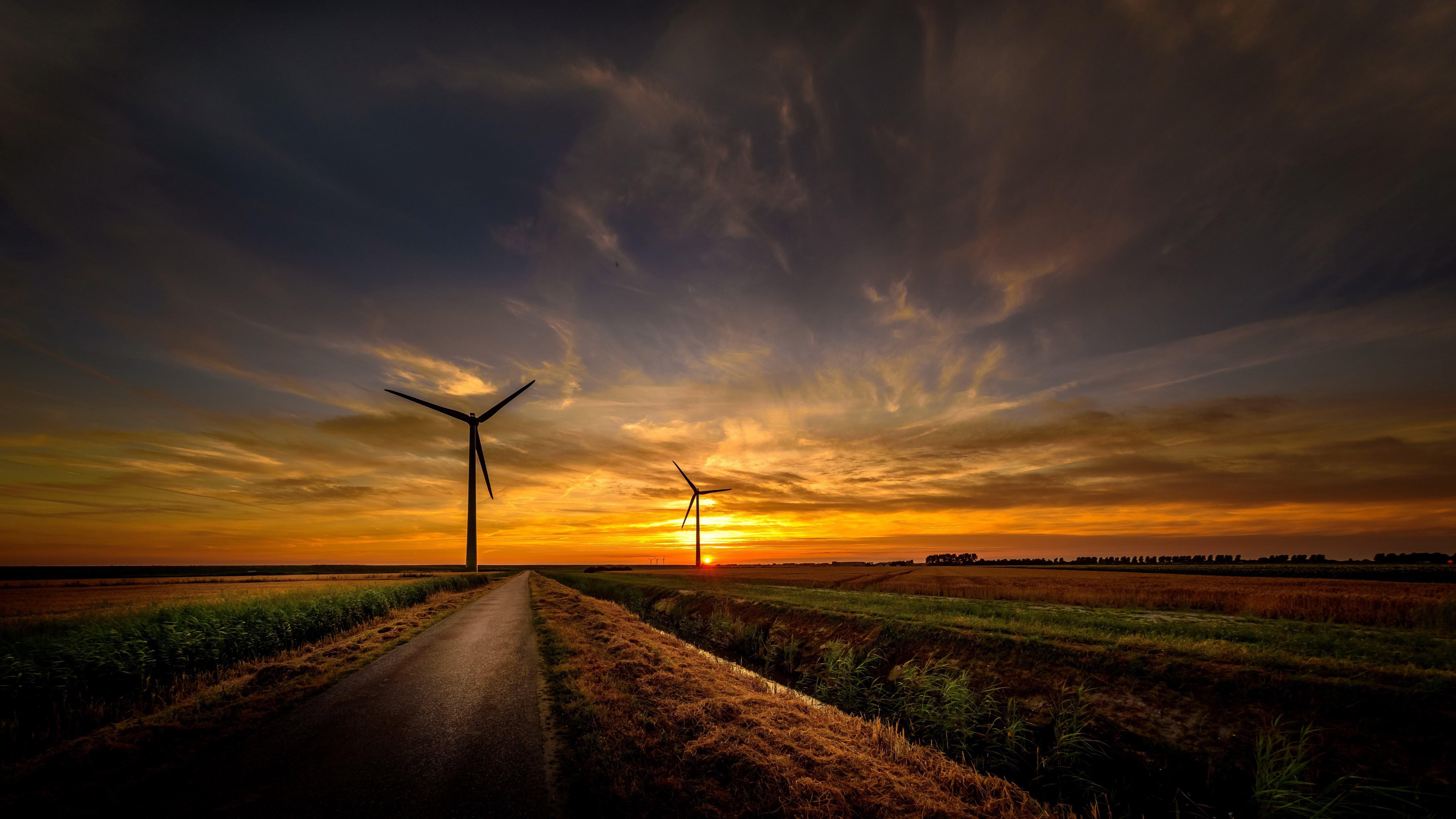 road, morning, plain, dawn, wind turbine, 5K, field, sunrise, turbine, energy, horizon, orange sky, HD Wallpaper